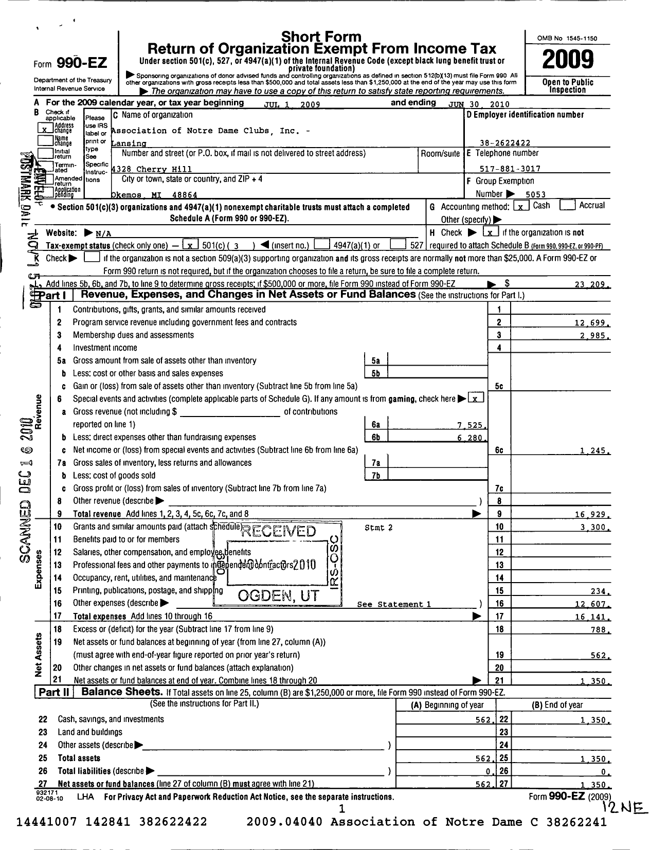 Image of first page of 2009 Form 990EZ for Association of Notre Dame Clubs Inc - Lansing