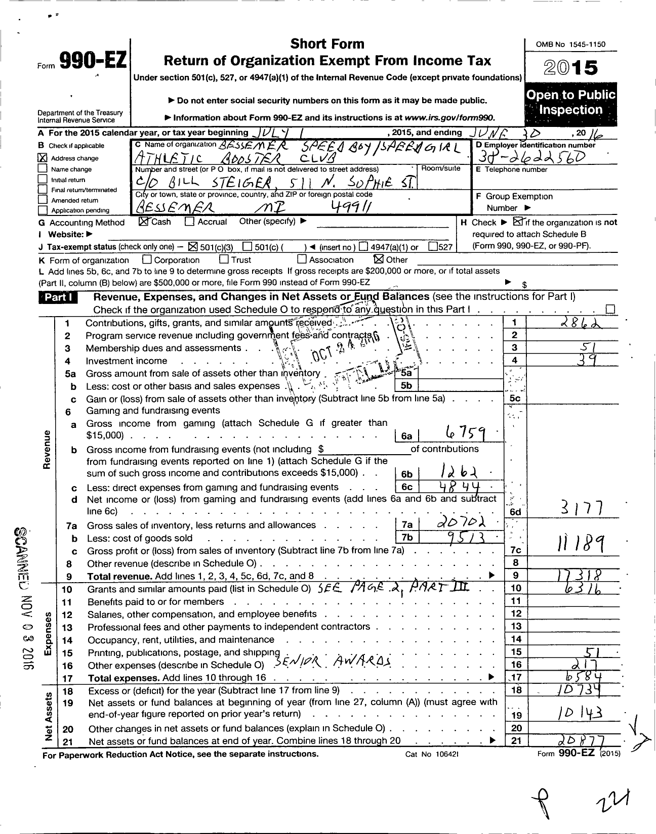 Image of first page of 2015 Form 990EZ for Bessemer Speedboy Speedboygirl Athletic Booster Club