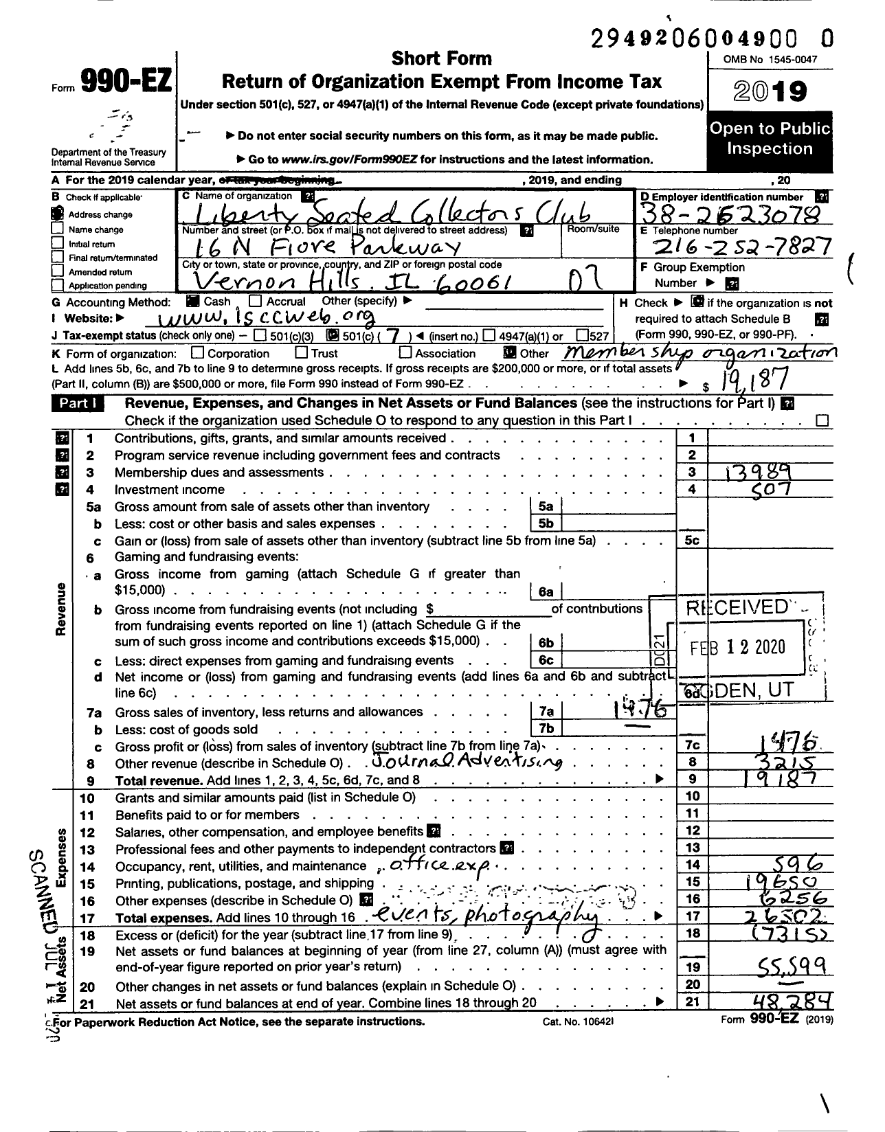 Image of first page of 2019 Form 990EO for Liberty Seated Collectors Club