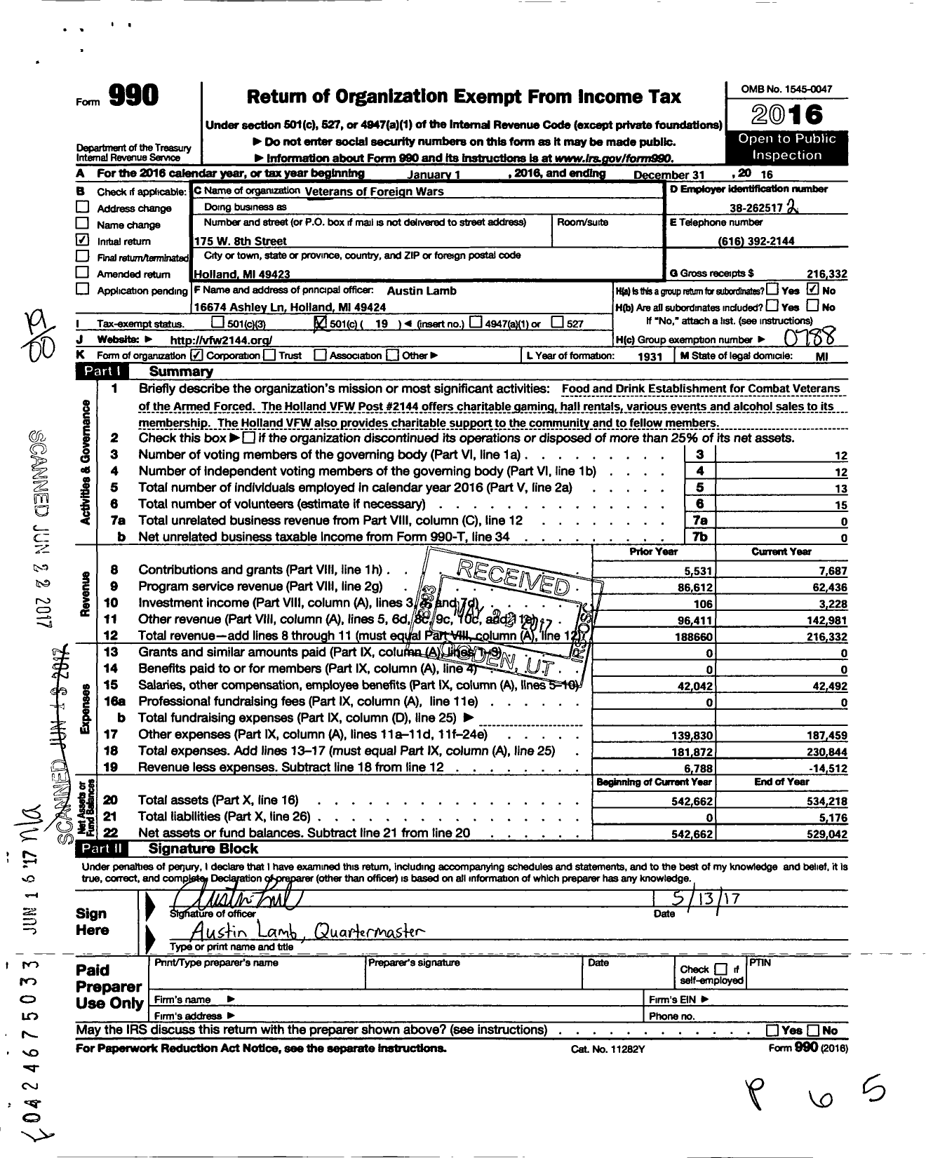 Image of first page of 2016 Form 990O for VFW Department of Michigan - Dist 8 2144 Henry Walters