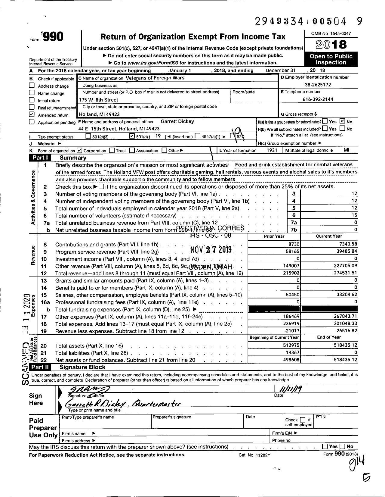 Image of first page of 2018 Form 990O for VFW Department of Michigan - Dist 8 2144 Henry Walters