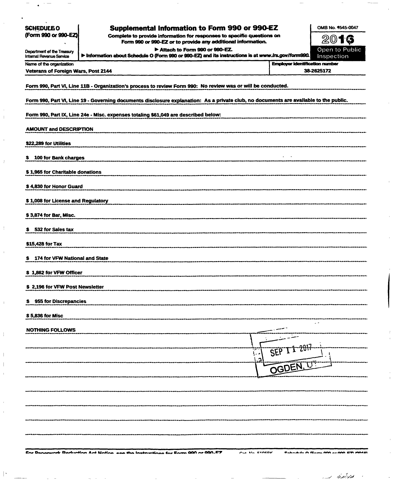 Image of first page of 2016 Form 990R for VFW Department of Michigan - Dist 8 2144 Henry Walters