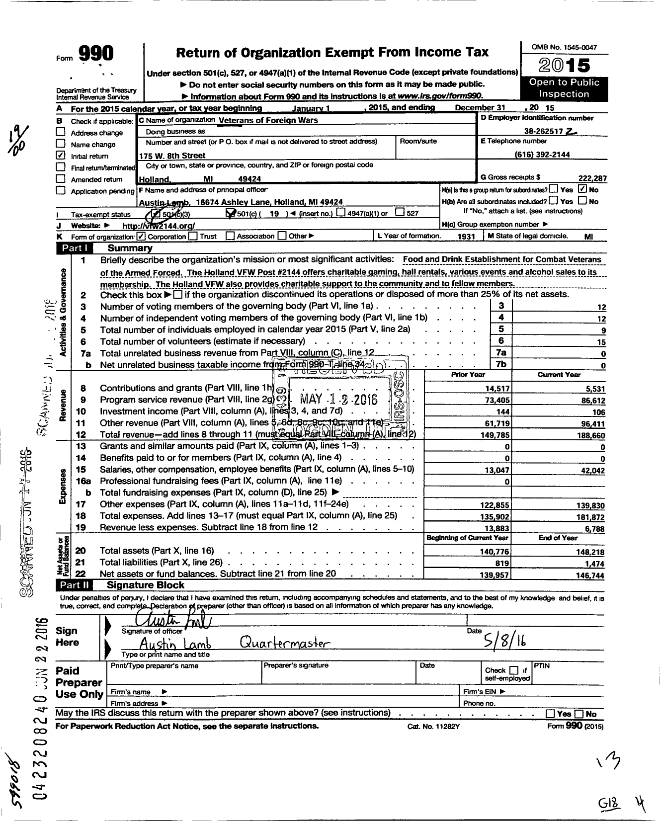 Image of first page of 2015 Form 990O for VFW Department of Michigan - Dist 8 2144 Henry Walters