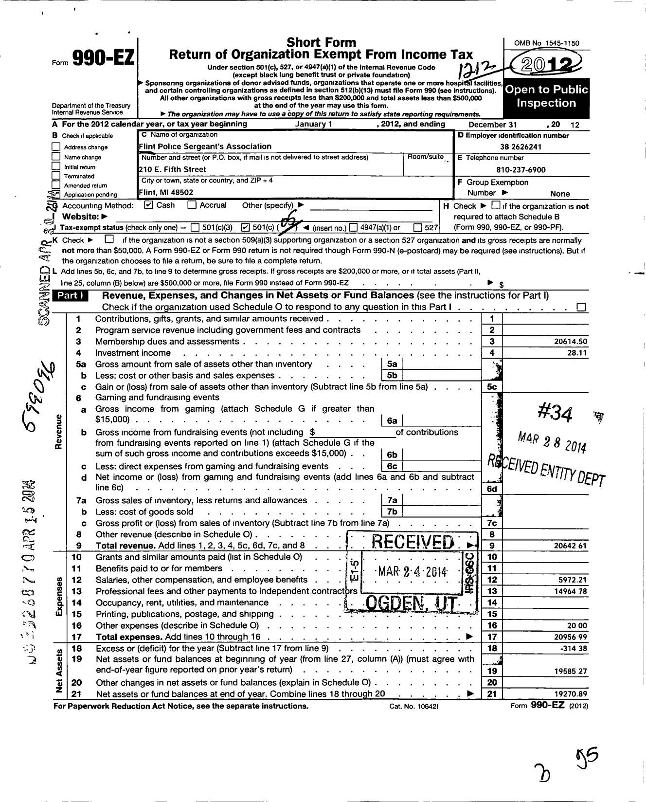 Image of first page of 2012 Form 990EO for Flint Police Sergeants Association