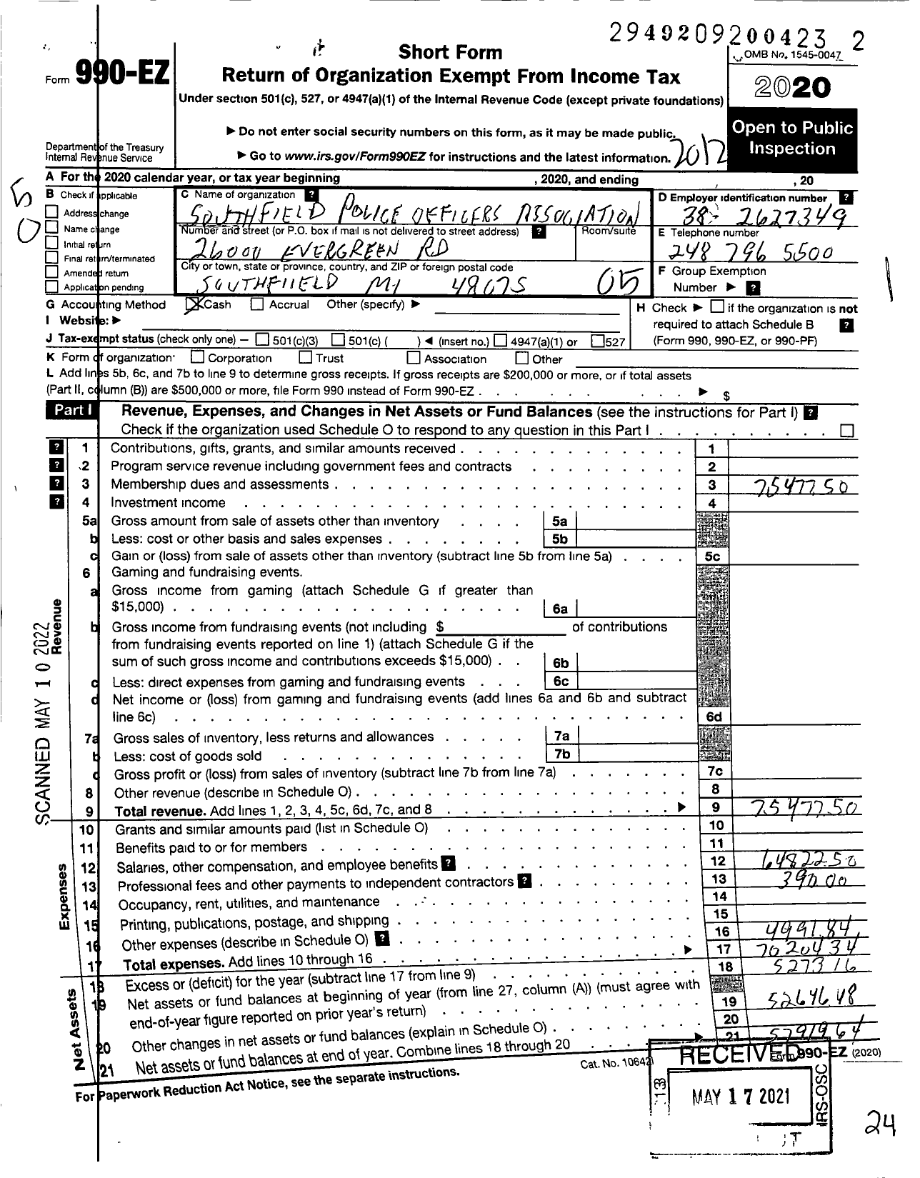 Image of first page of 2020 Form 990EO for Southfield Police Officers Association