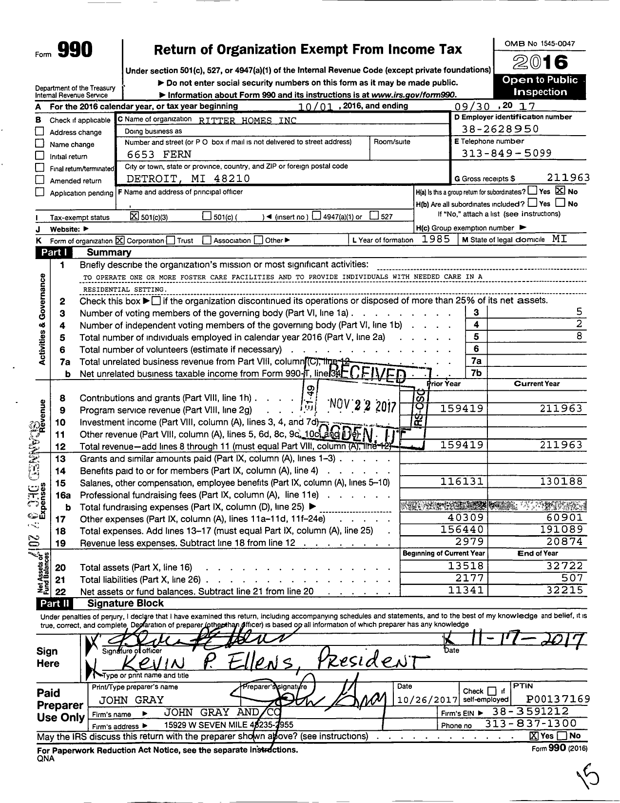 Image of first page of 2016 Form 990 for Ritter Homes