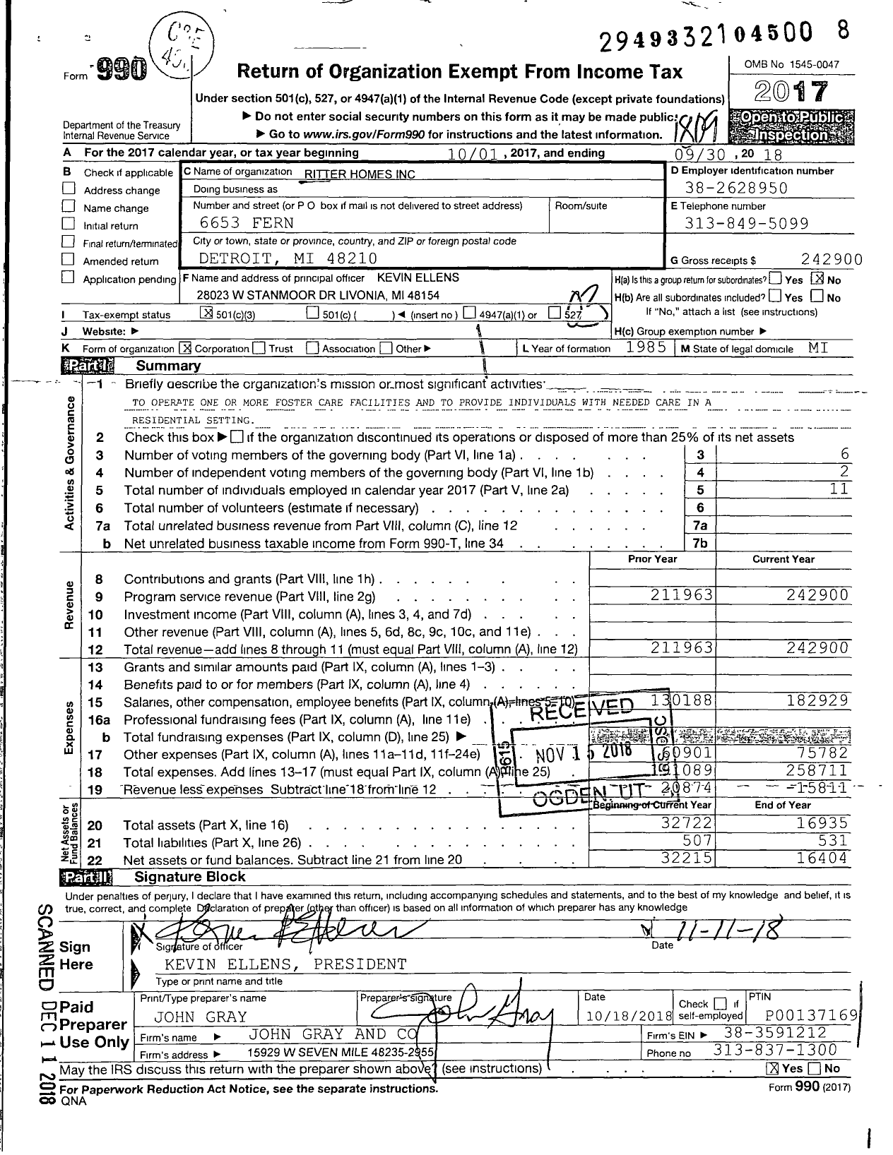 Image of first page of 2017 Form 990 for Ritter Homes
