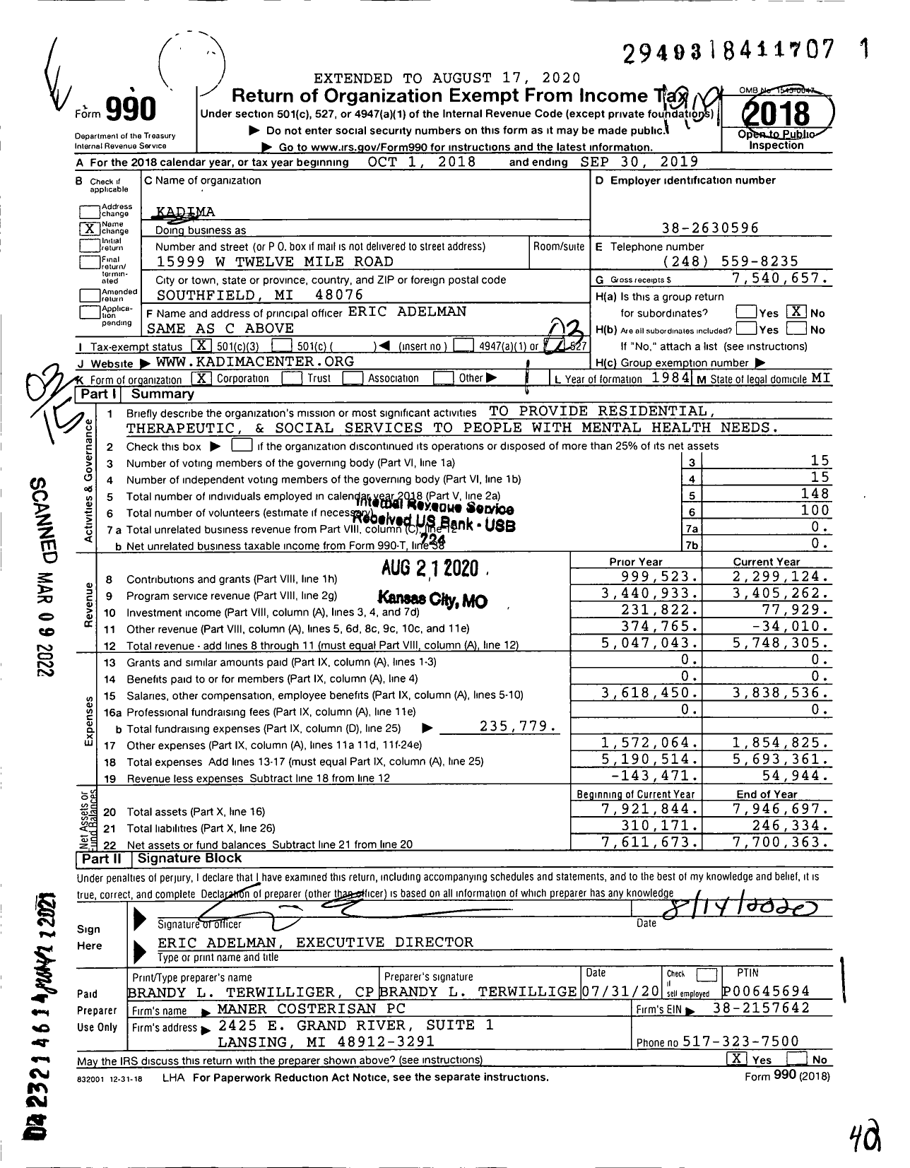 Image of first page of 2018 Form 990 for Kadima