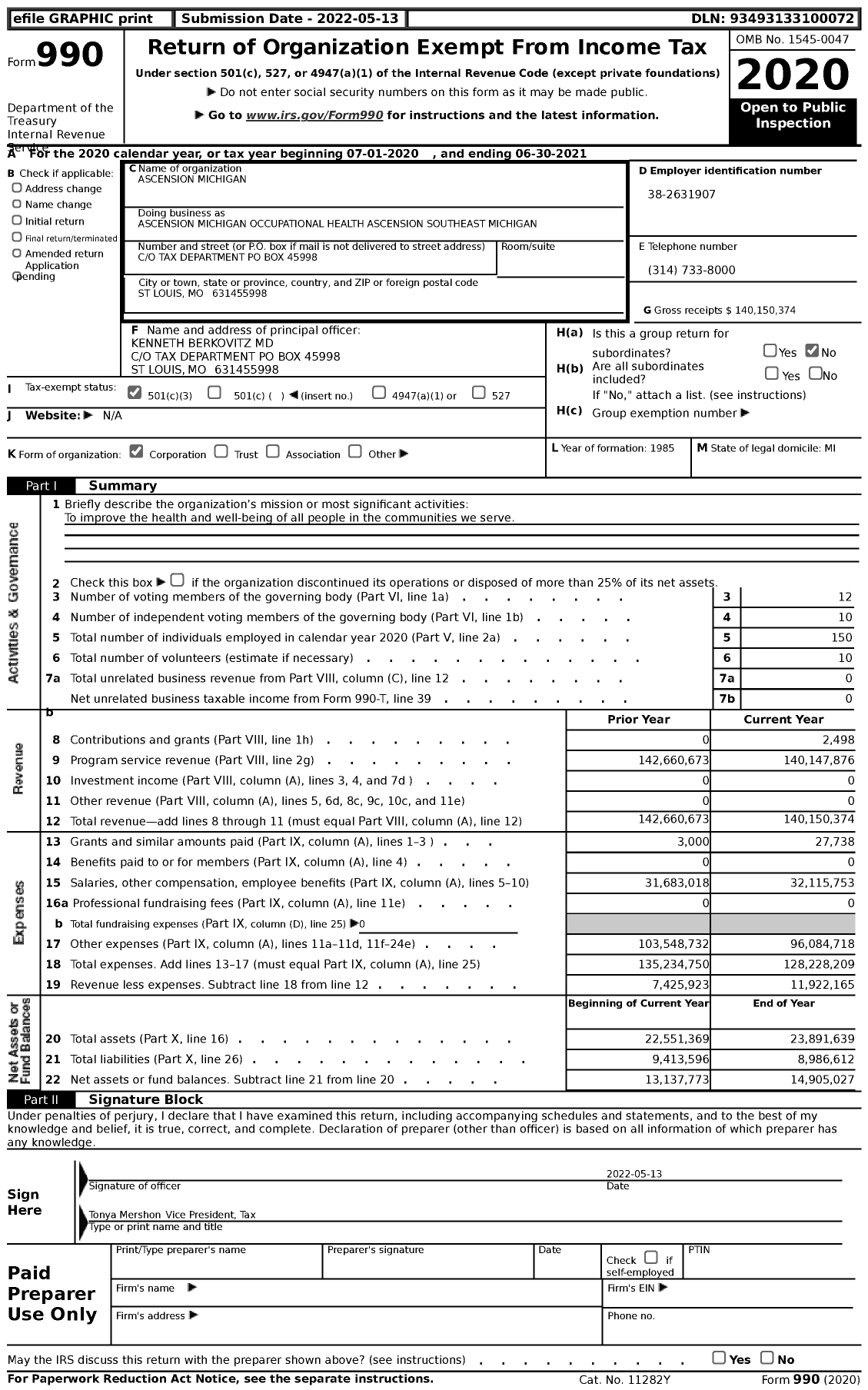 Image of first page of 2020 Form 990 for Ascension Michigan