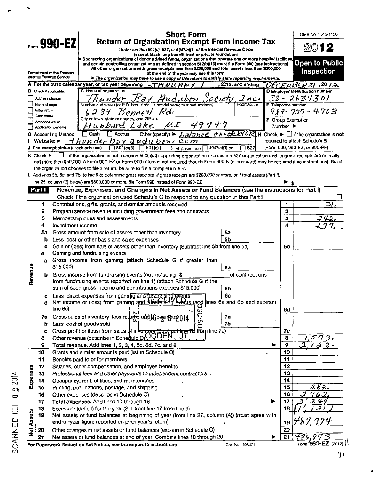 Image of first page of 2012 Form 990EO for Thunder Bay Audubon Society