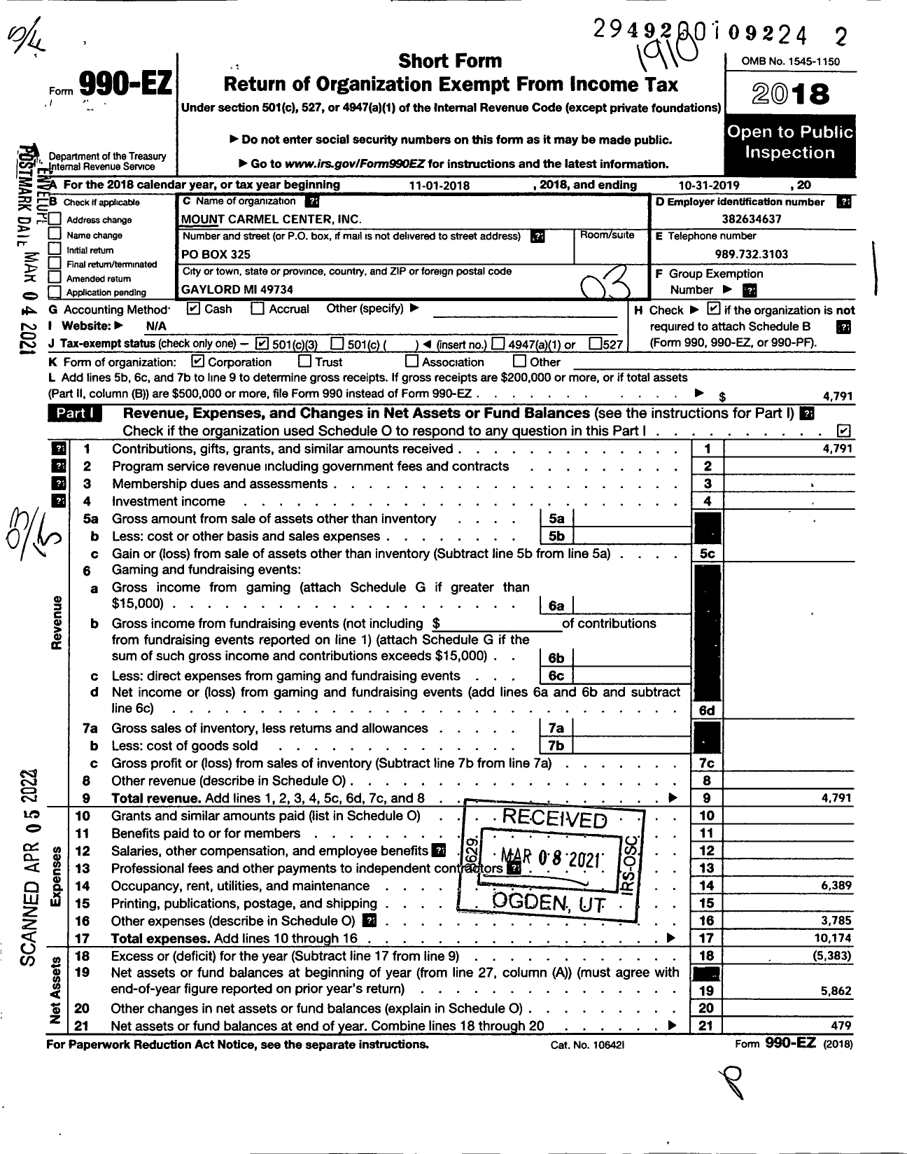 Image of first page of 2018 Form 990EZ for Mount Carmel Center