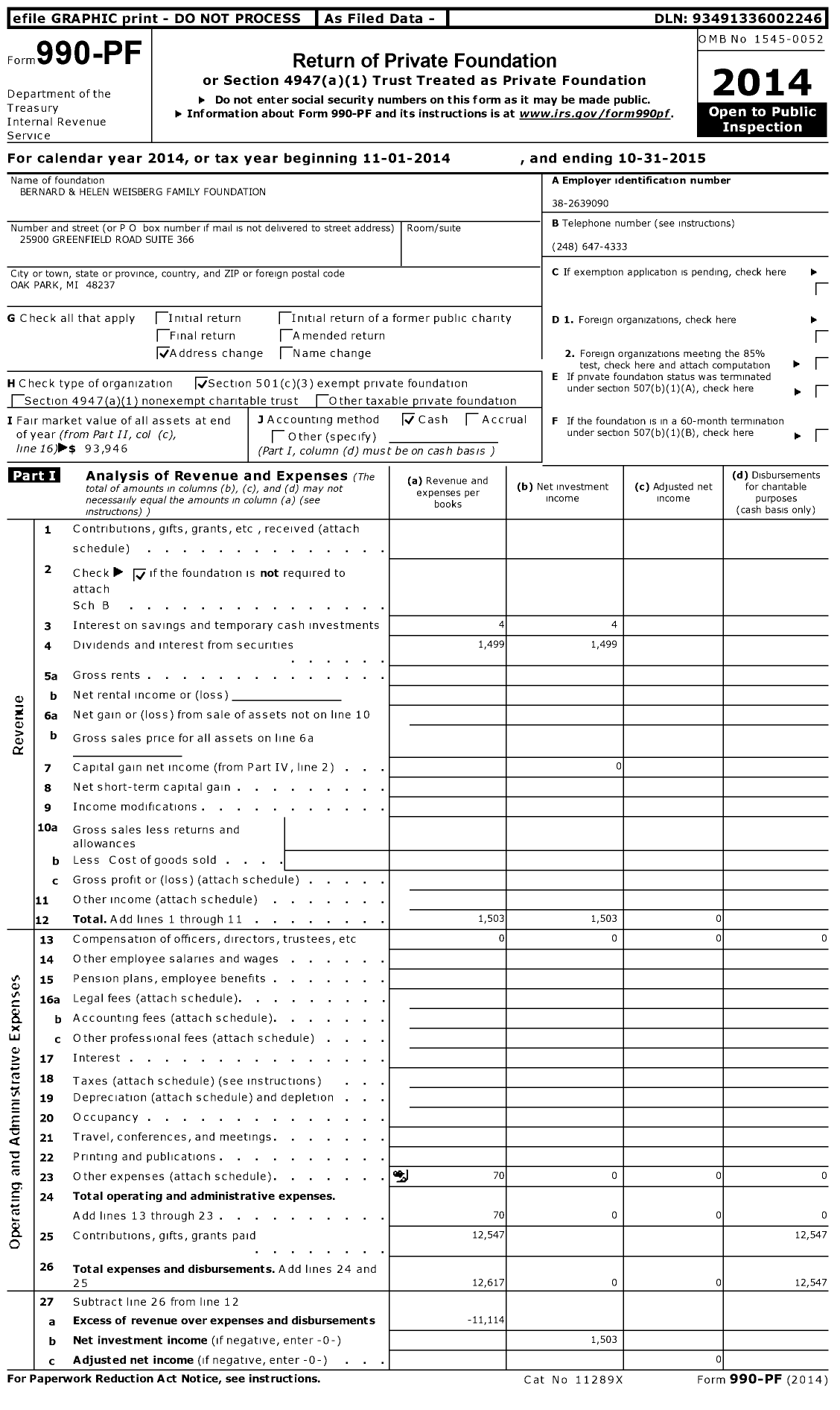 Image of first page of 2014 Form 990PF for Bernard and Helen Weisberg Family Foundation