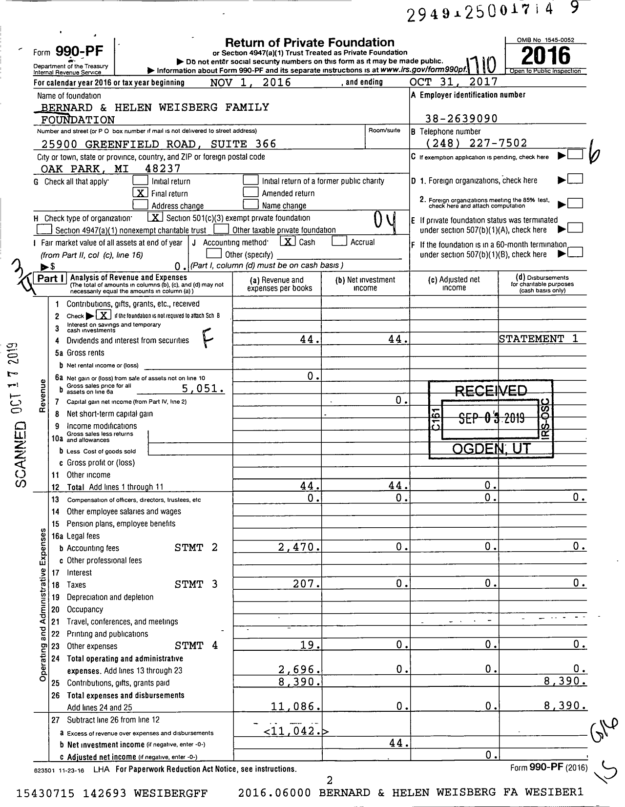 Image of first page of 2016 Form 990PF for Bernard and Helen Weisberg Family Foundation