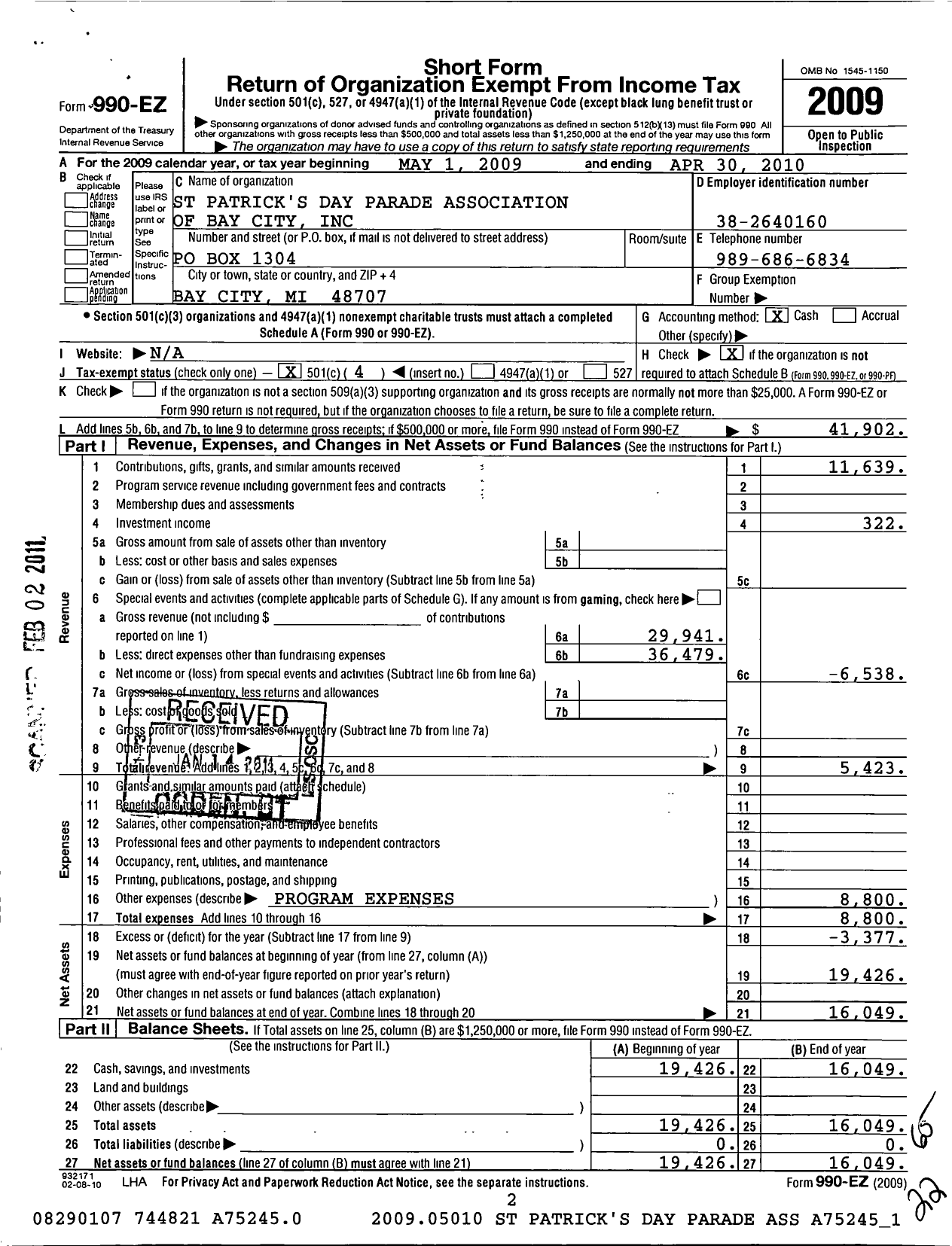 Image of first page of 2009 Form 990EO for St Patricks Day Parade Association of Bay City