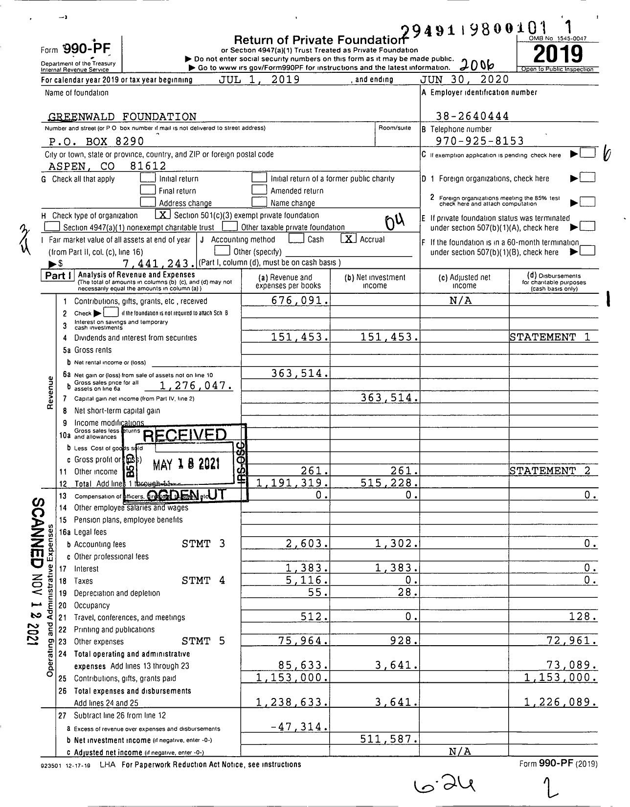 Image of first page of 2019 Form 990PF for Greenwald Foundation