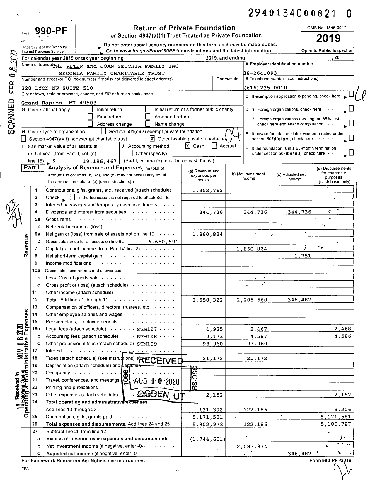 Image of first page of 2019 Form 990PF for The Peter and Joan Secchia Family