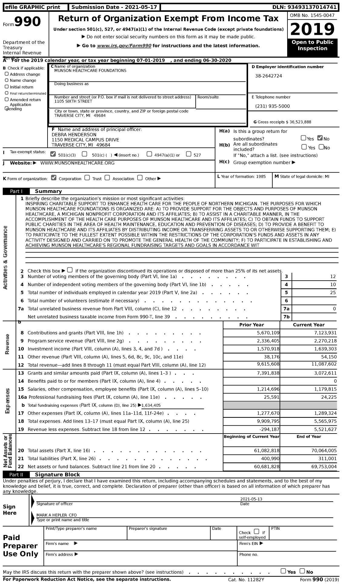 Image of first page of 2019 Form 990 for Munson Healthcare Foundations