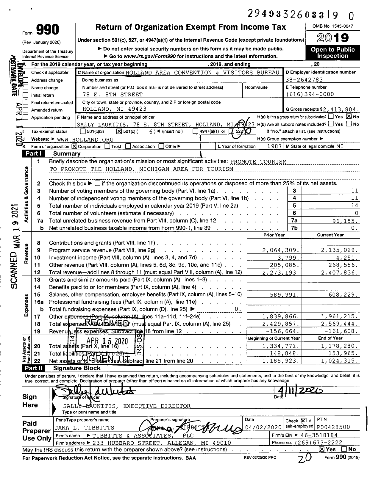 Image of first page of 2019 Form 990O for Holland Convention & Visitors Bureau