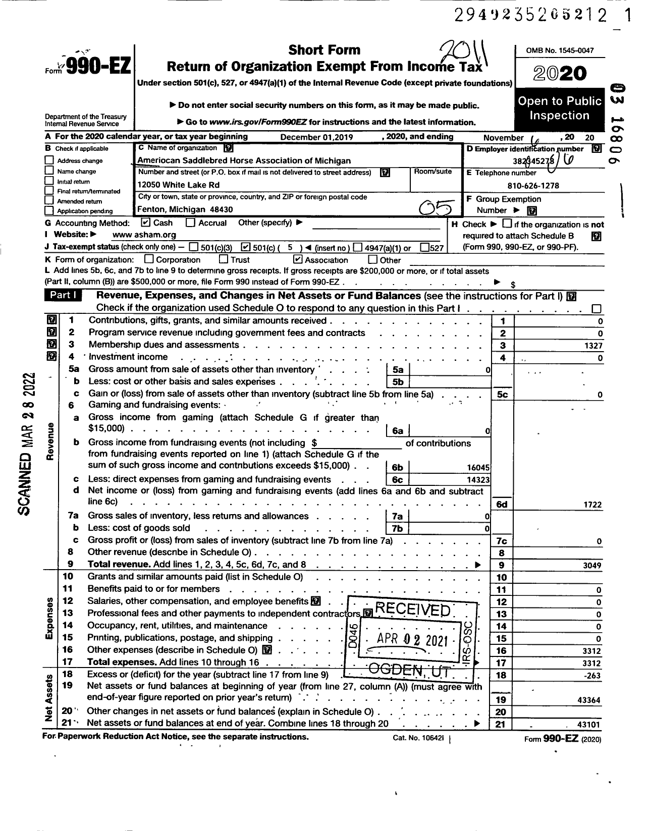 Image of first page of 2019 Form 990EO for American Saddle Horse Association of Michigan