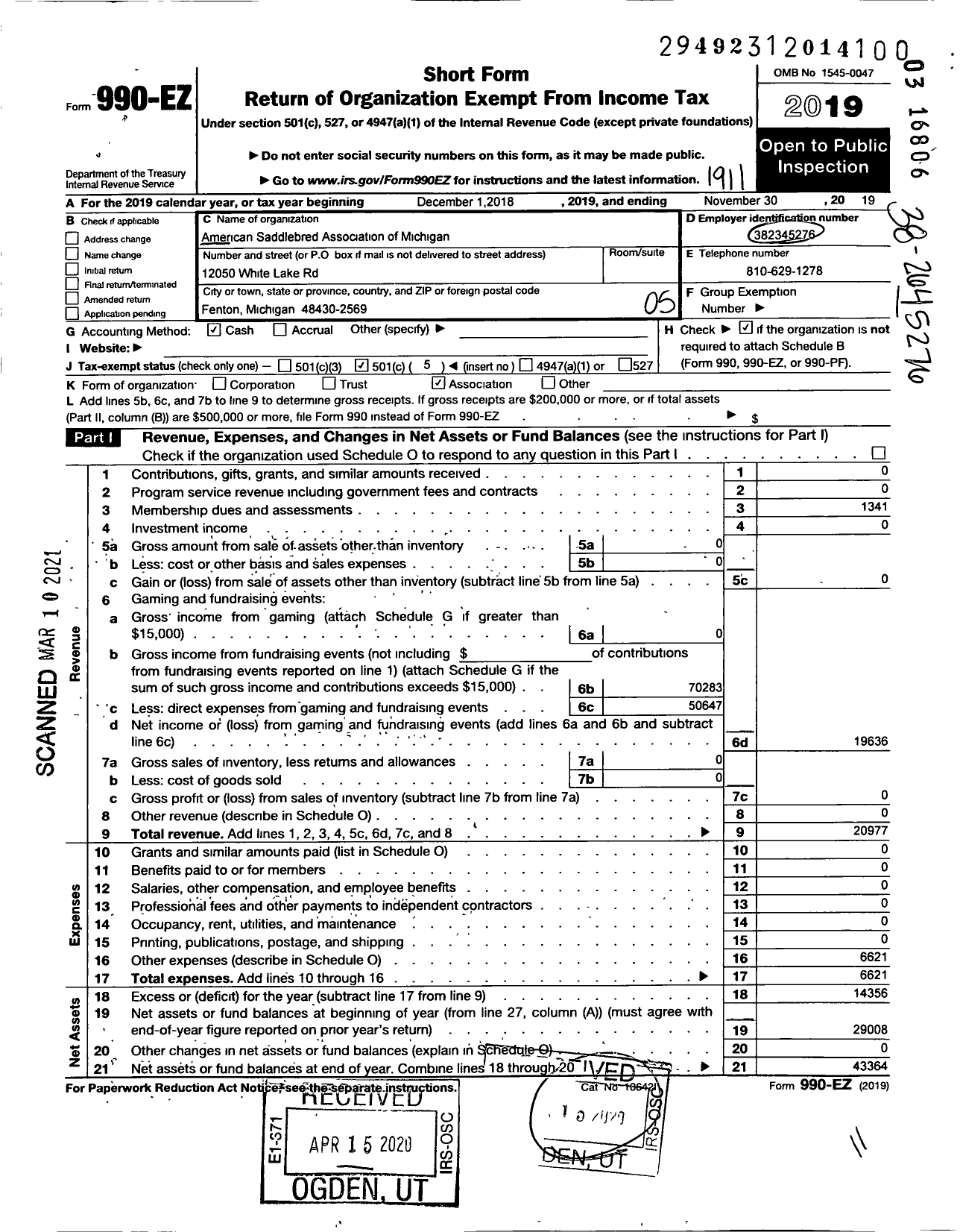 Image of first page of 2018 Form 990EO for American Saddle Horse Association of Michigan