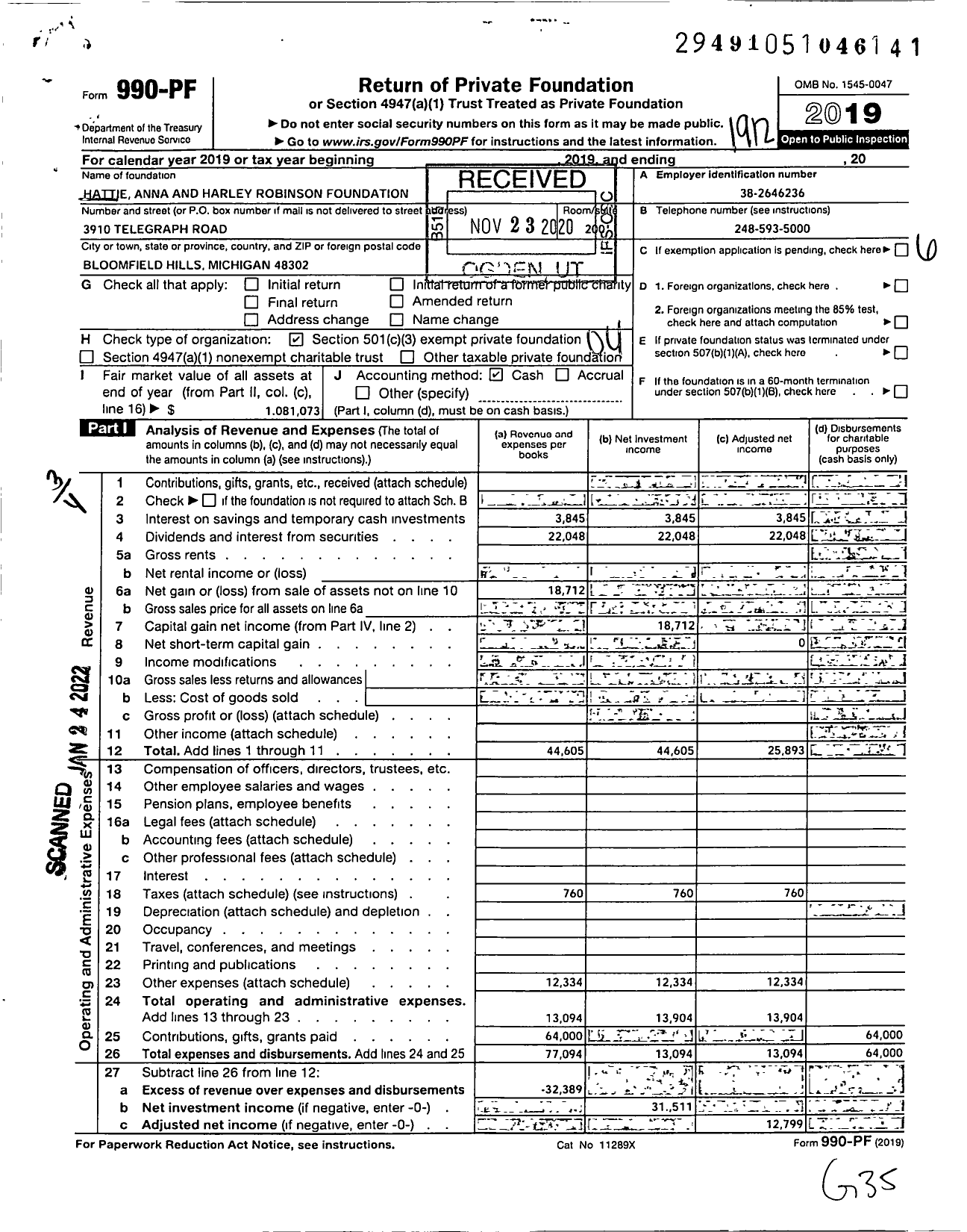 Image of first page of 2019 Form 990PF for Hattie Anna and Harley Robinson Foundation