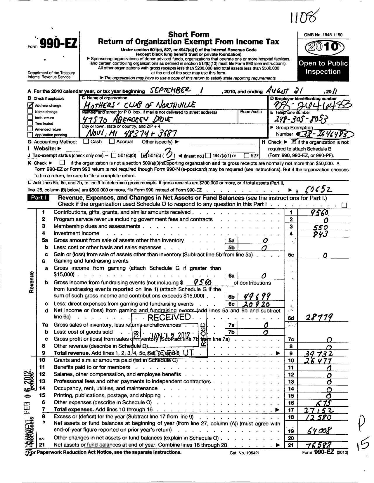 Image of first page of 2010 Form 990EZ for Mothers Club of Northville