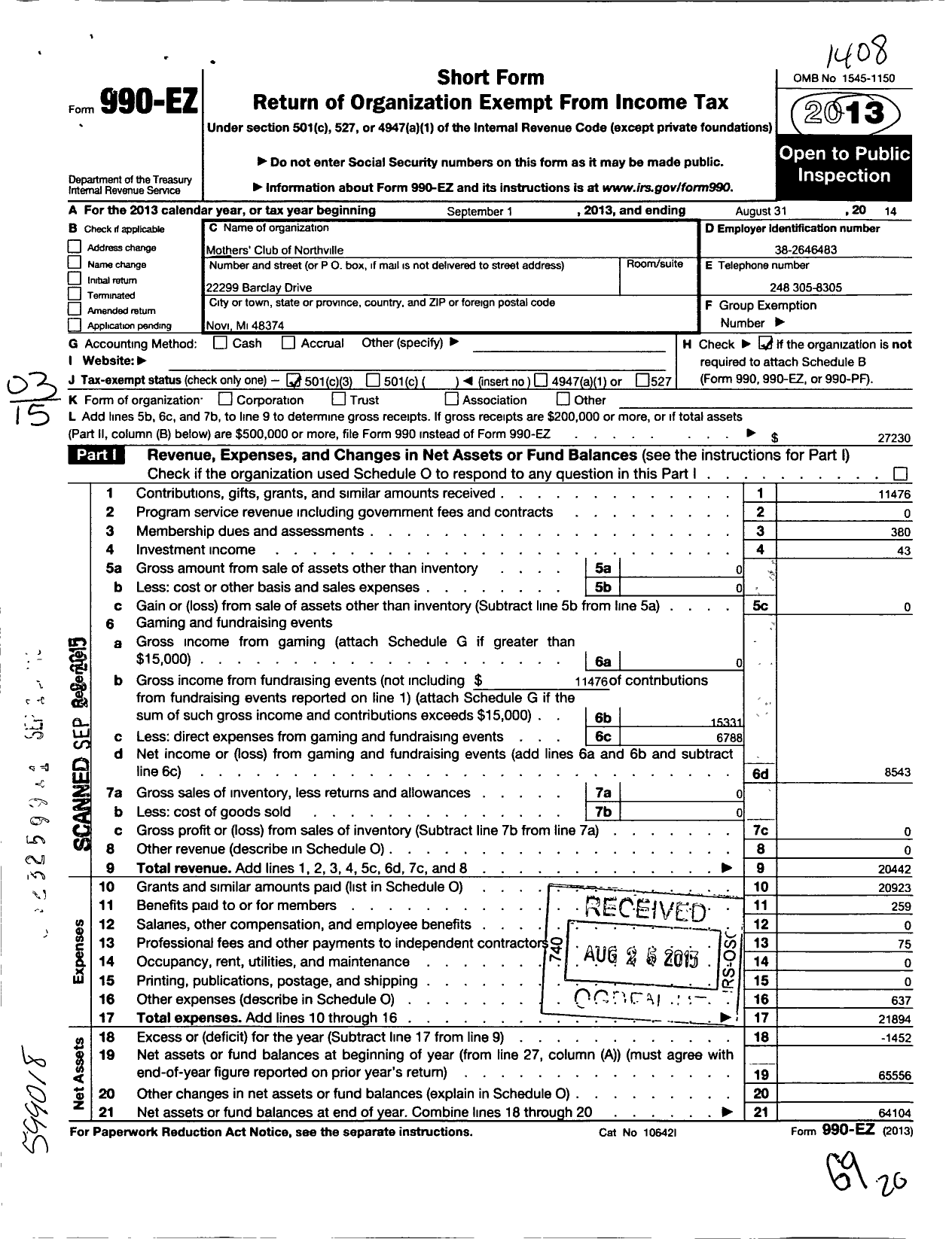 Image of first page of 2013 Form 990EZ for Mothers Club of Northville