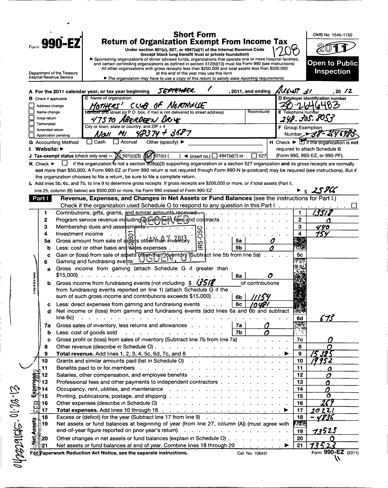 Image of first page of 2011 Form 990EZ for Mothers Club of Northville