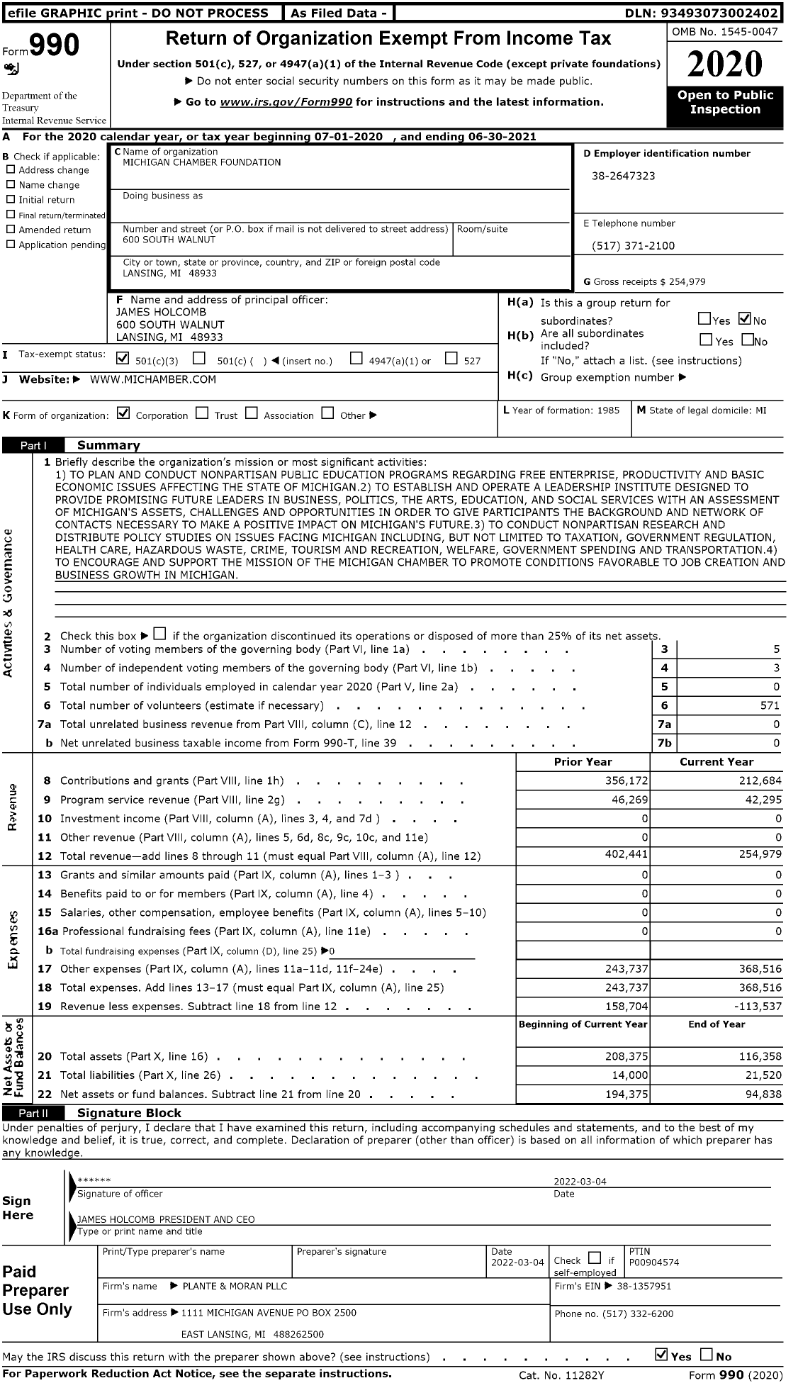 Image of first page of 2020 Form 990 for Michigan Chamber Foundation