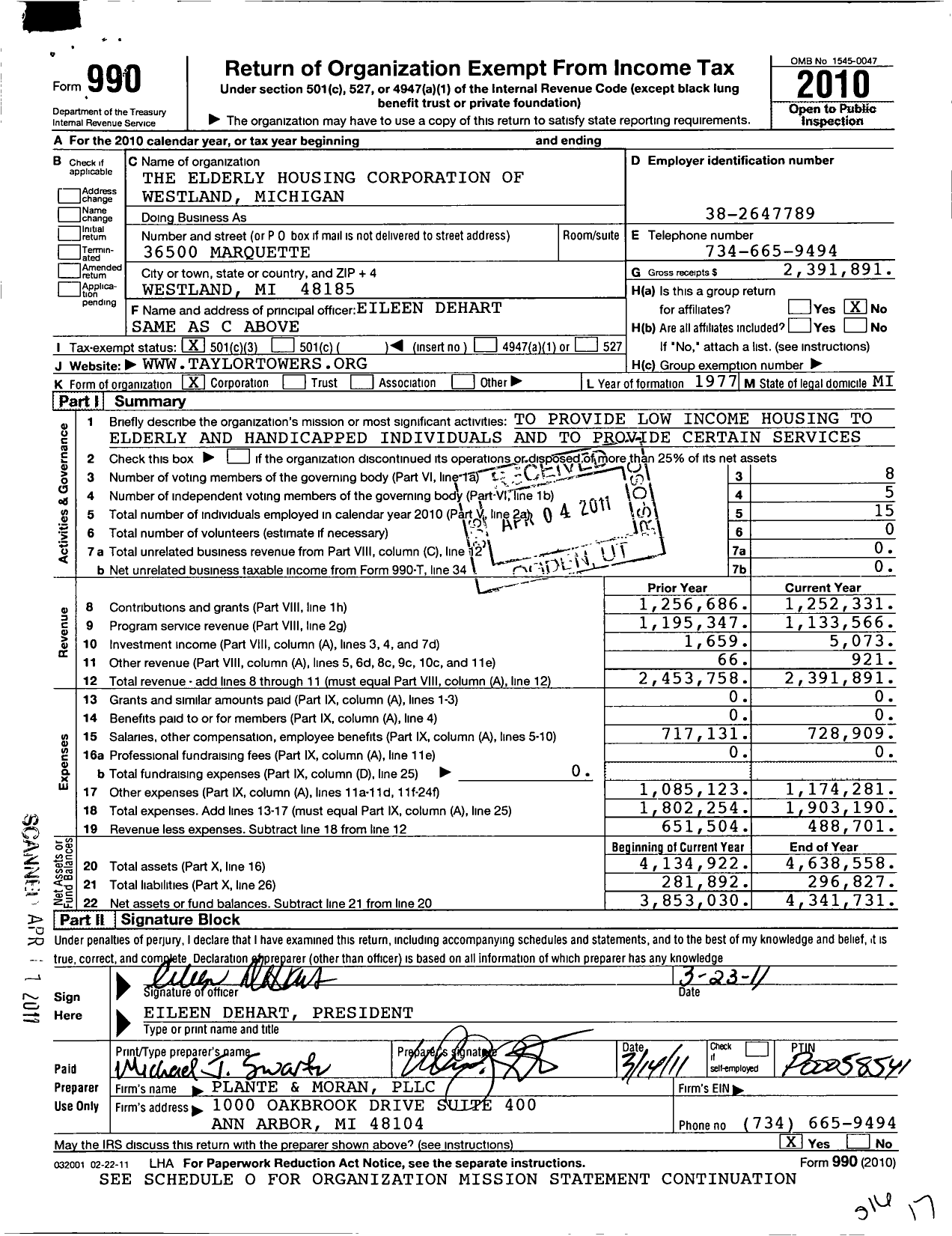 Image of first page of 2010 Form 990 for The Elderly Housing Corporation of Westland Michigan