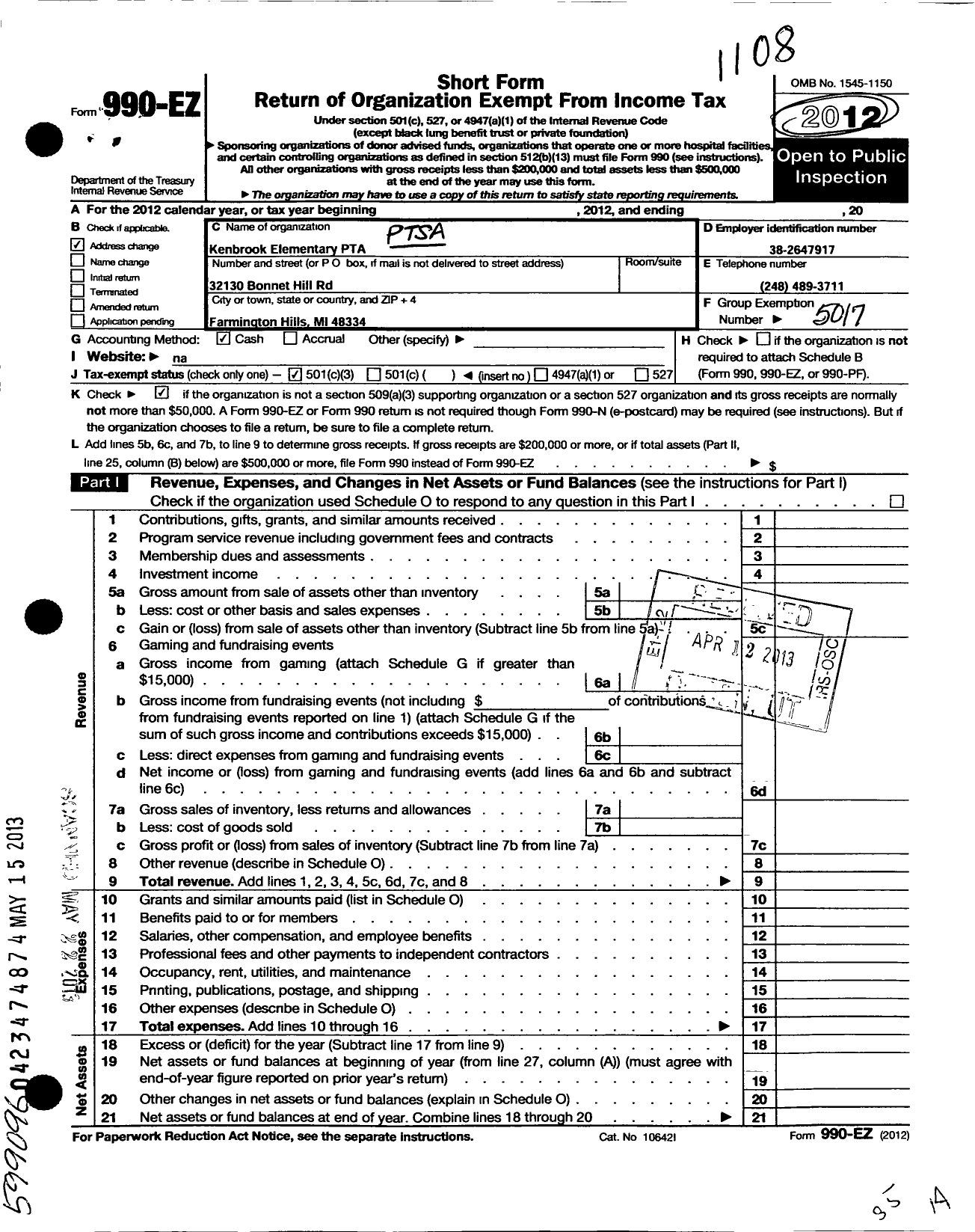 Image of first page of 2010 Form 990EZ for Ptsa Michigan Congress of Parents Teachers and Students / Kenbrook Elementary PTA