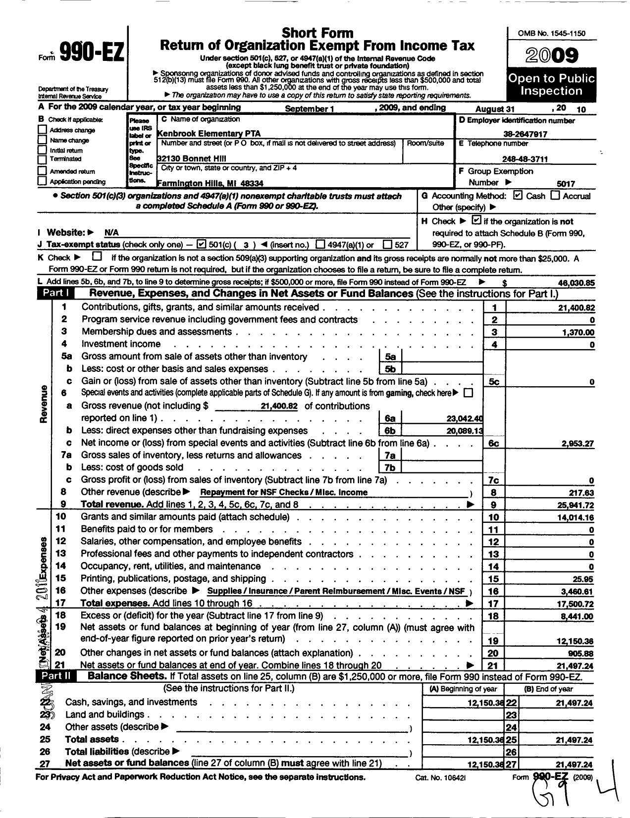 Image of first page of 2009 Form 990EZ for Ptsa Michigan Congress of Parents Teachers and Students / Kenbrook Elementary PTA