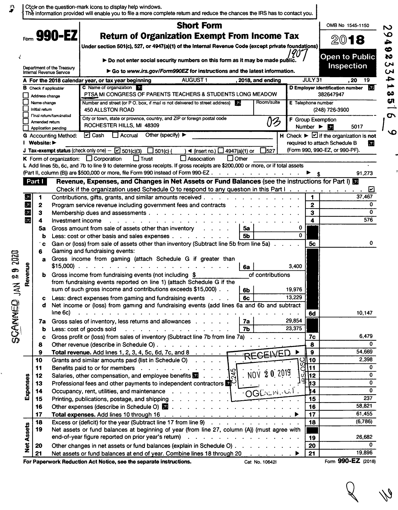 Image of first page of 2018 Form 990EZ for Ptsa Mi Congress of Parents Teacher and Students Long Meadow