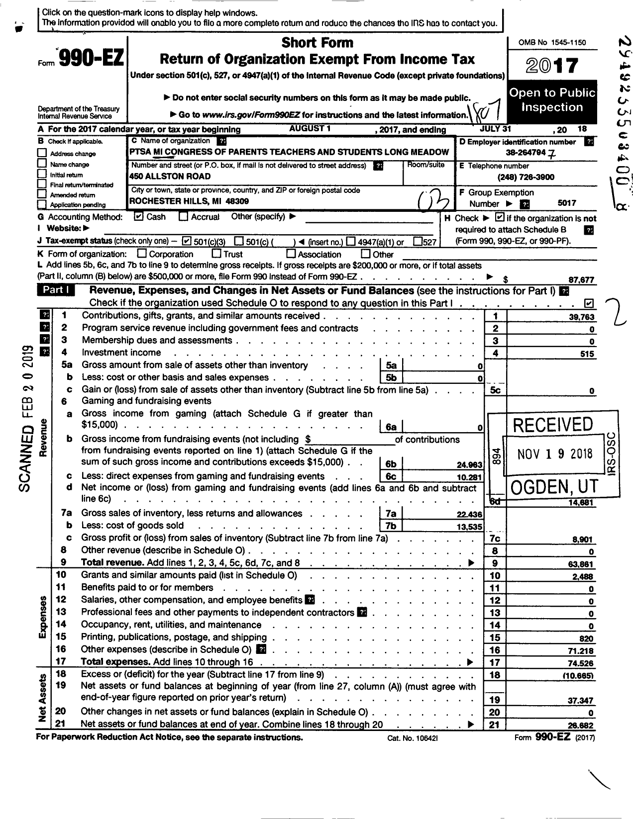 Image of first page of 2017 Form 990EZ for Ptsa Mi Congress of Parents Teacher and Students Long Meadow