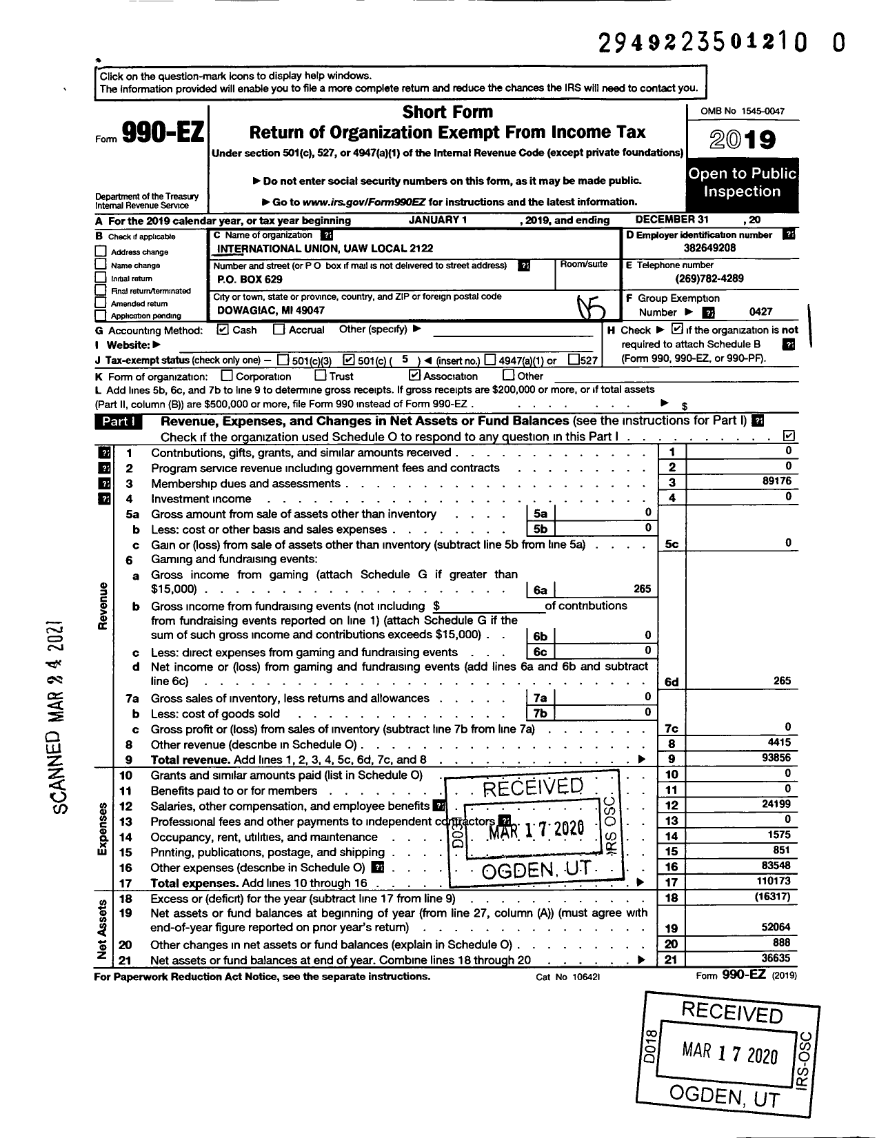 Image of first page of 2019 Form 990EO for Uaw - 2122 Local 1D Region