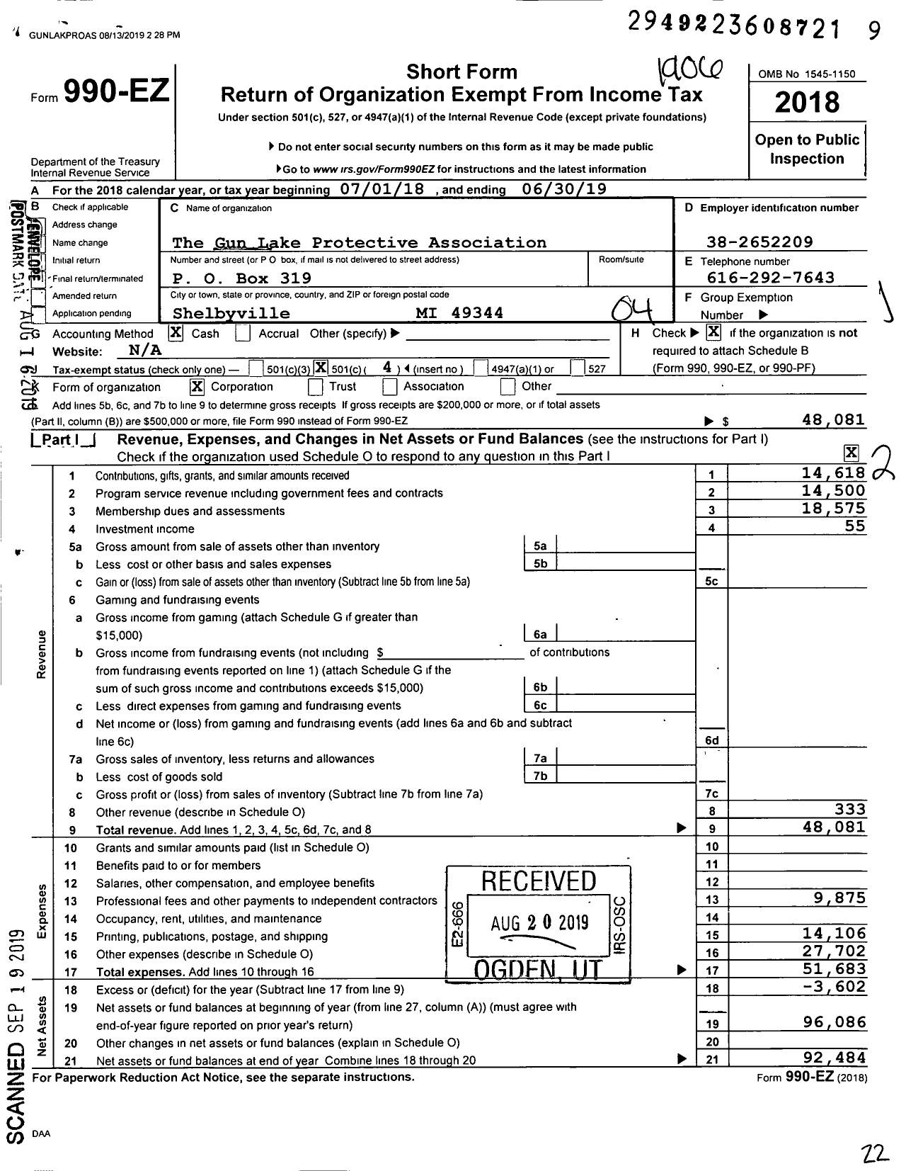 Image of first page of 2018 Form 990EO for The Gun Lake Protective Association