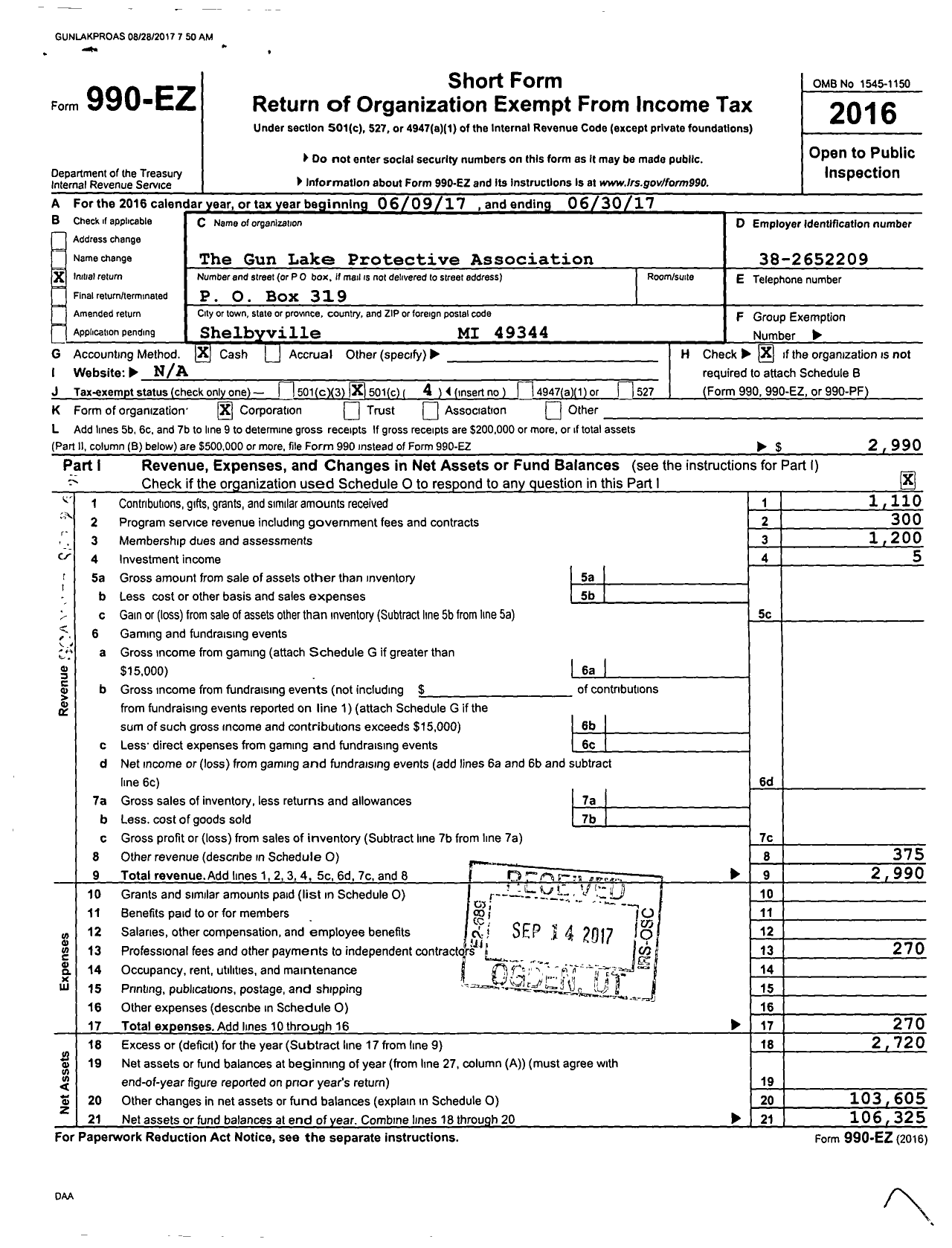 Image of first page of 2016 Form 990EO for The Gun Lake Protective Association