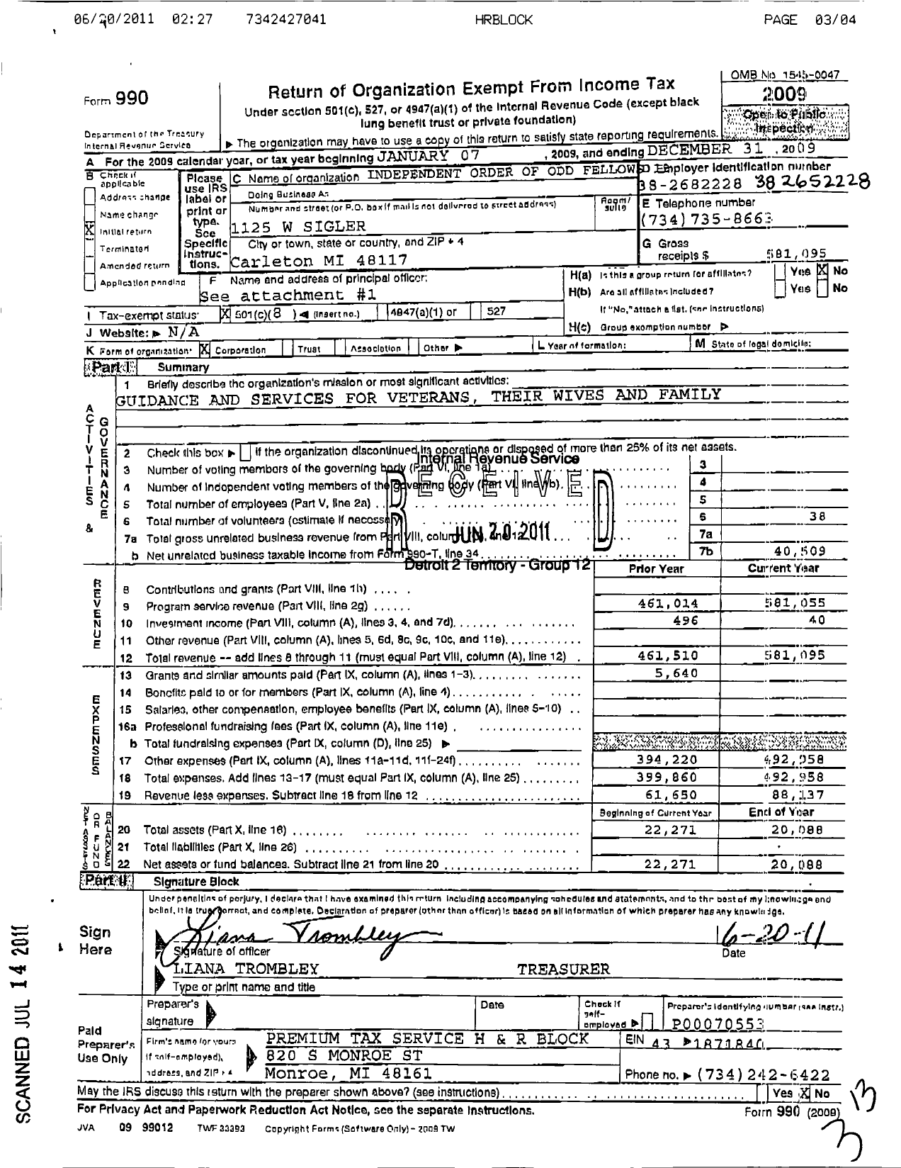 Image of first page of 2009 Form 990O for Independent Order of Odd Fellows - 19 Monroe Lodge