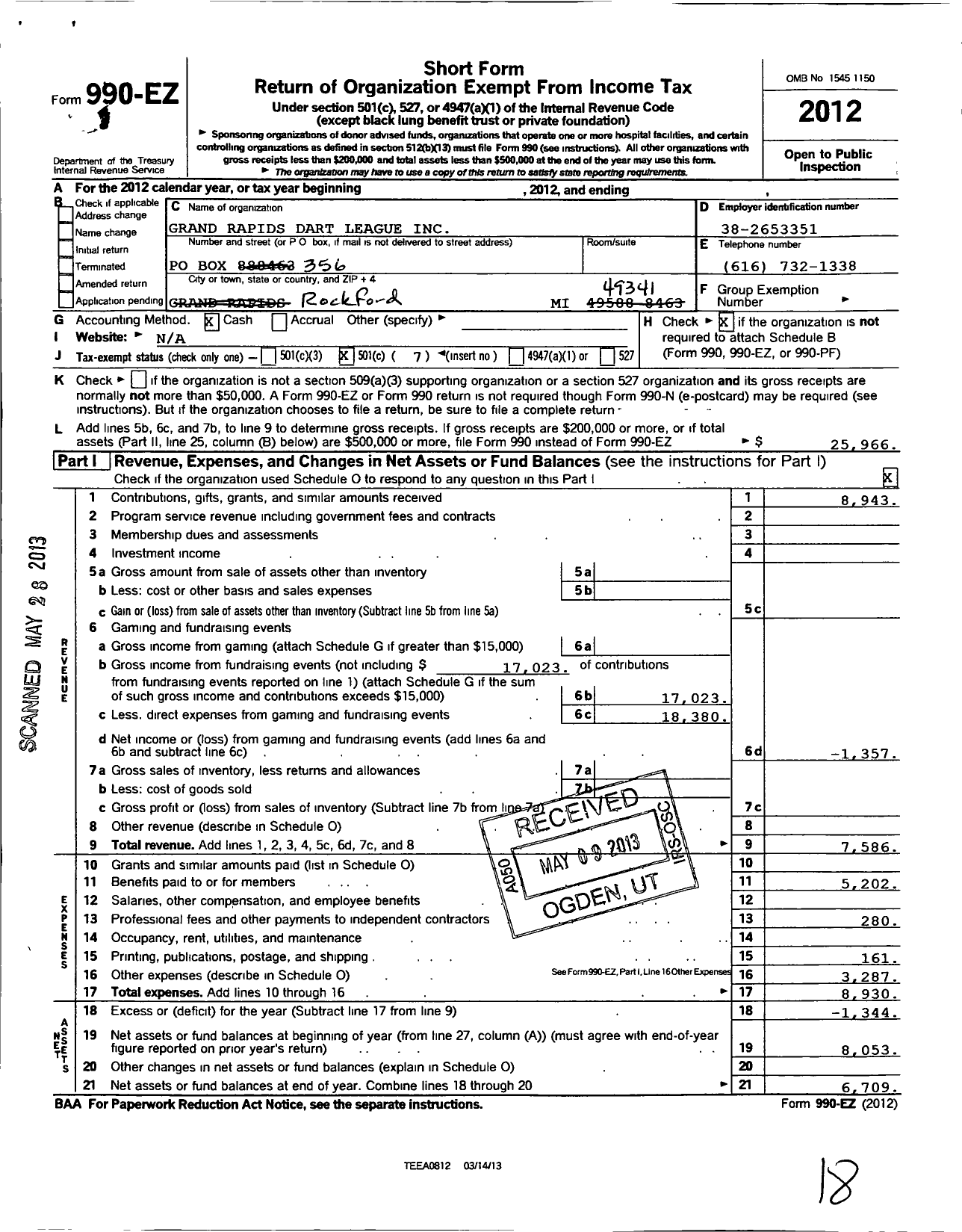 Image of first page of 2012 Form 990EO for Grand Rapids Dart League