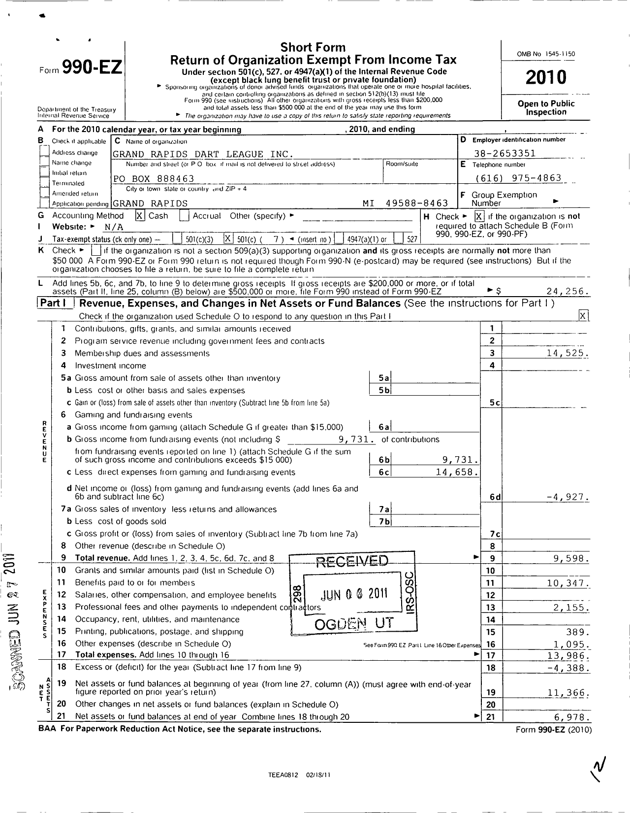 Image of first page of 2010 Form 990EO for Grand Rapids Dart League