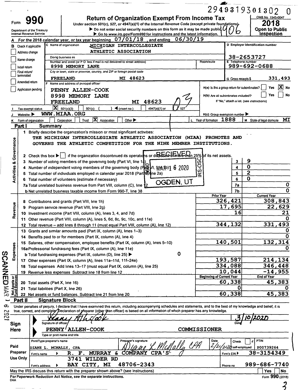 Image of first page of 2018 Form 990 for Michigan Intercollegiate Athletic Association