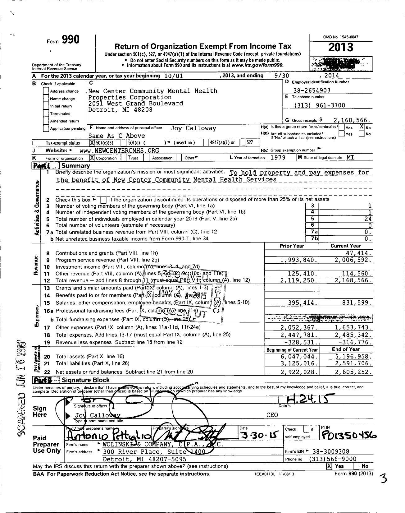 Image of first page of 2013 Form 990 for New Center Community Mental Health Properties Corporation