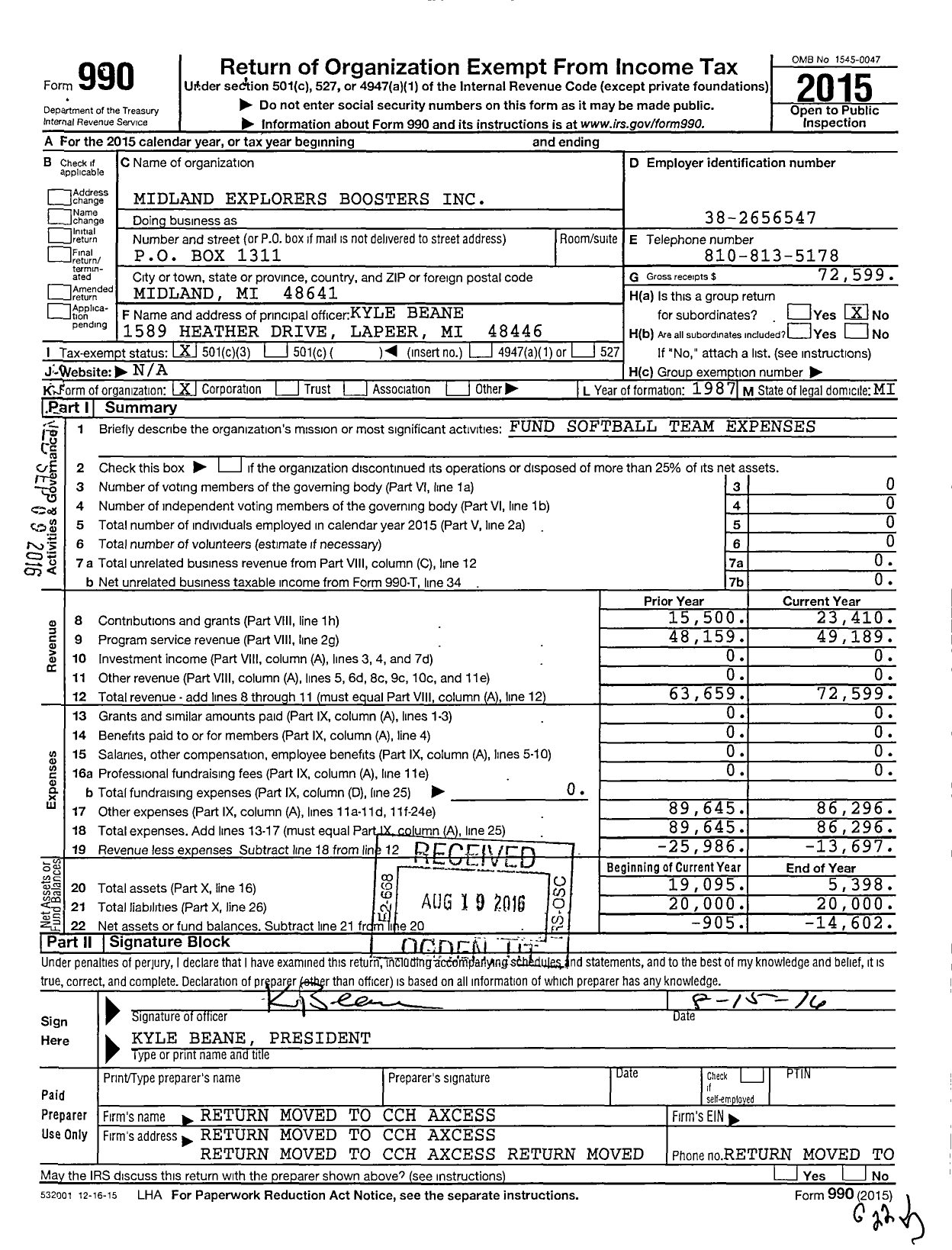 Image of first page of 2015 Form 990 for Midland Explorers Boosters