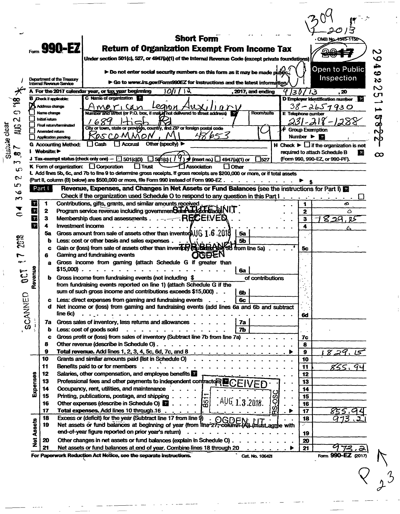 Image of first page of 2012 Form 990EO for American Legion Auxiliary - District 19