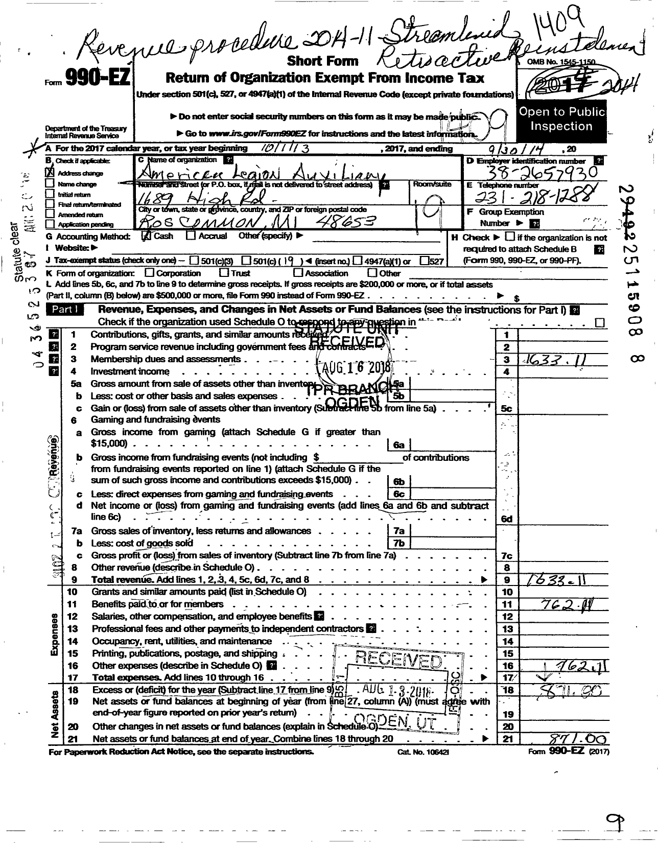 Image of first page of 2013 Form 990EO for American Legion Auxiliary - District 19