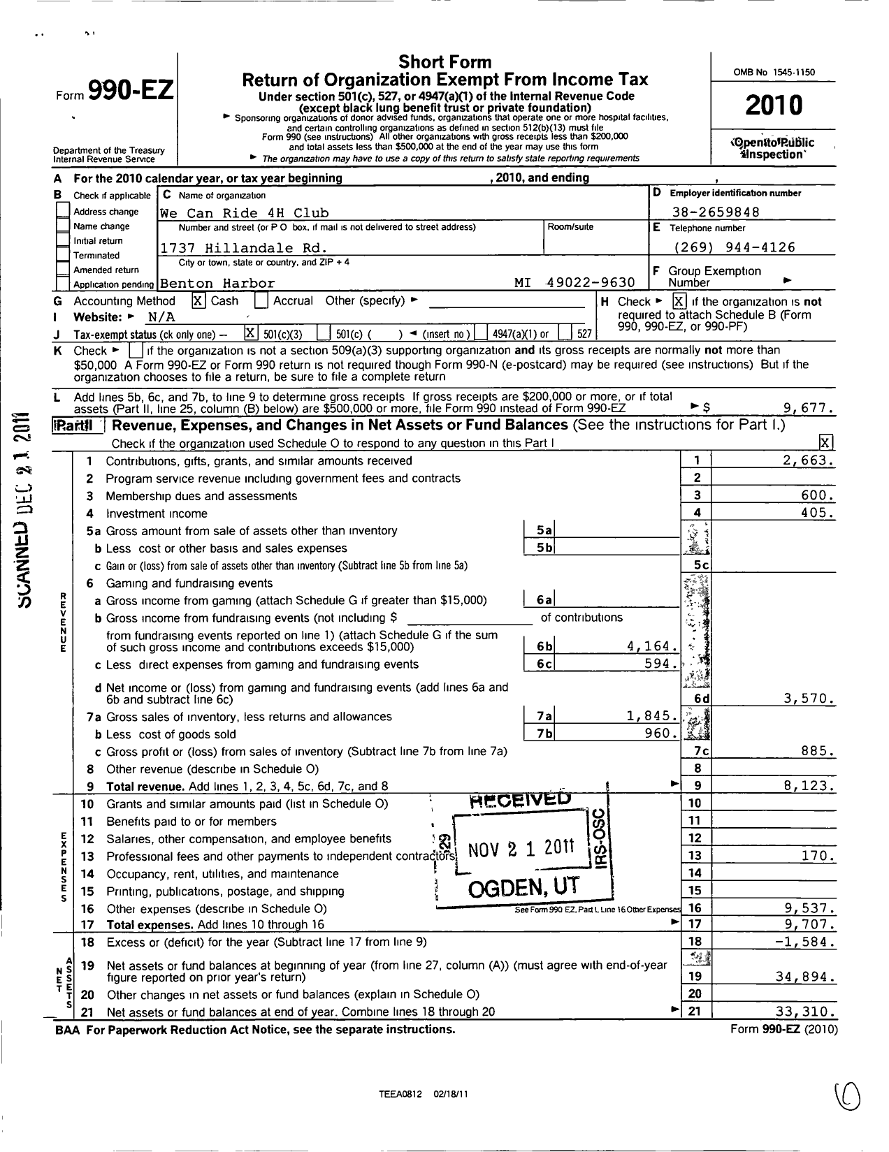 Image of first page of 2010 Form 990EZ for Michigan State University / We Can Ride