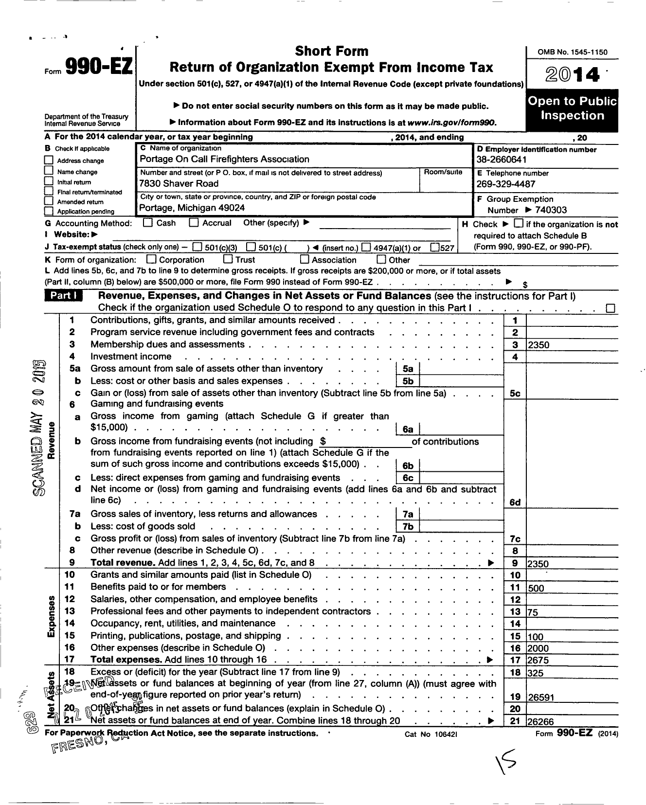 Image of first page of 2014 Form 990EO for Portage on Call Firefighters Association