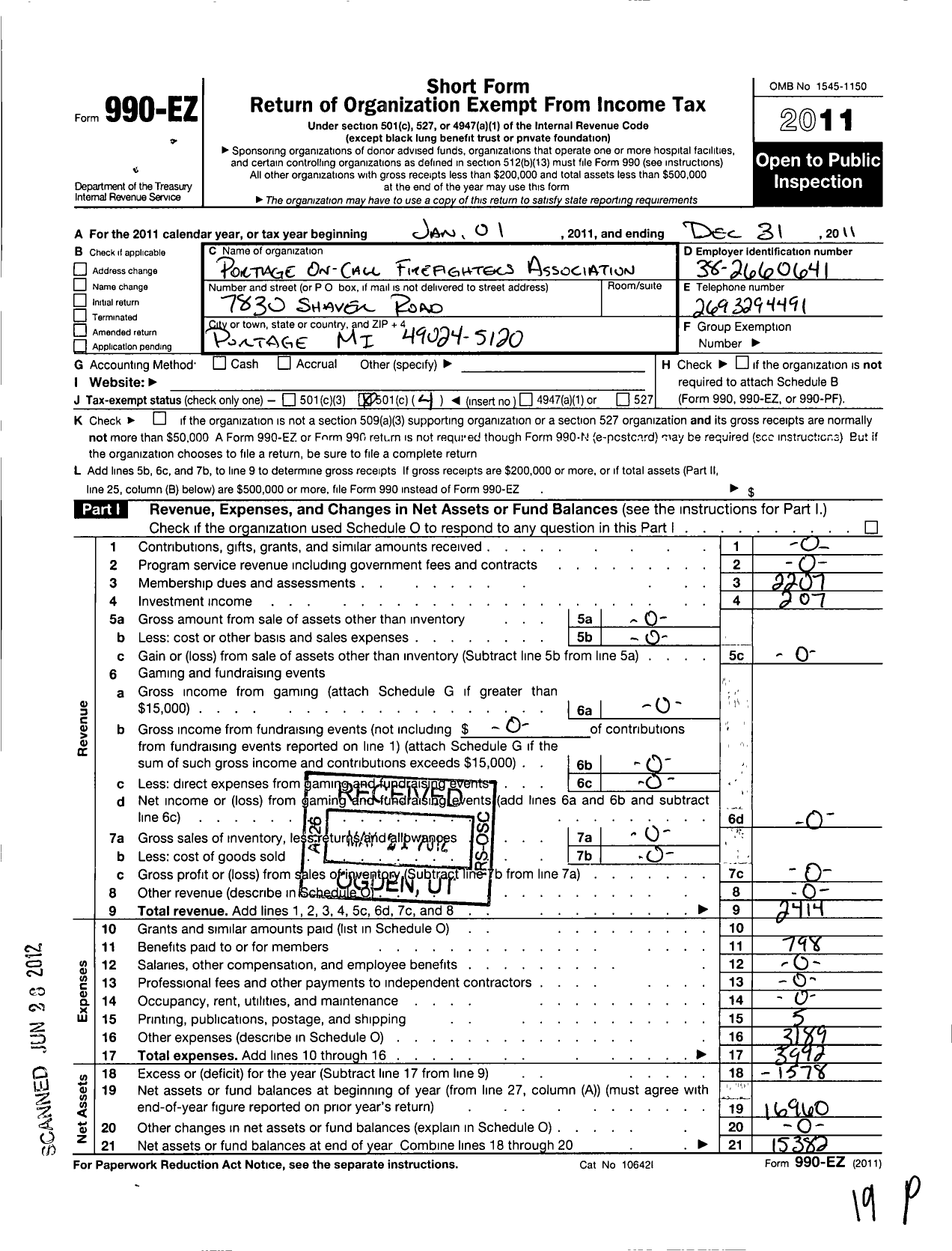 Image of first page of 2011 Form 990EO for Portage on Call Firefighters Association