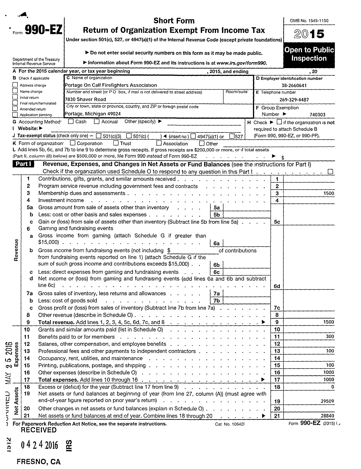 Image of first page of 2015 Form 990EO for Portage on Call Firefighters Association