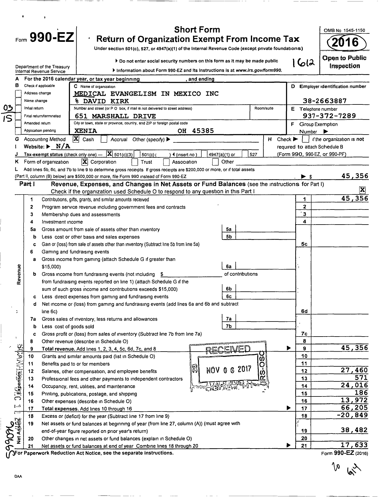 Image of first page of 2016 Form 990EZ for Medical Evangelism in Mexico